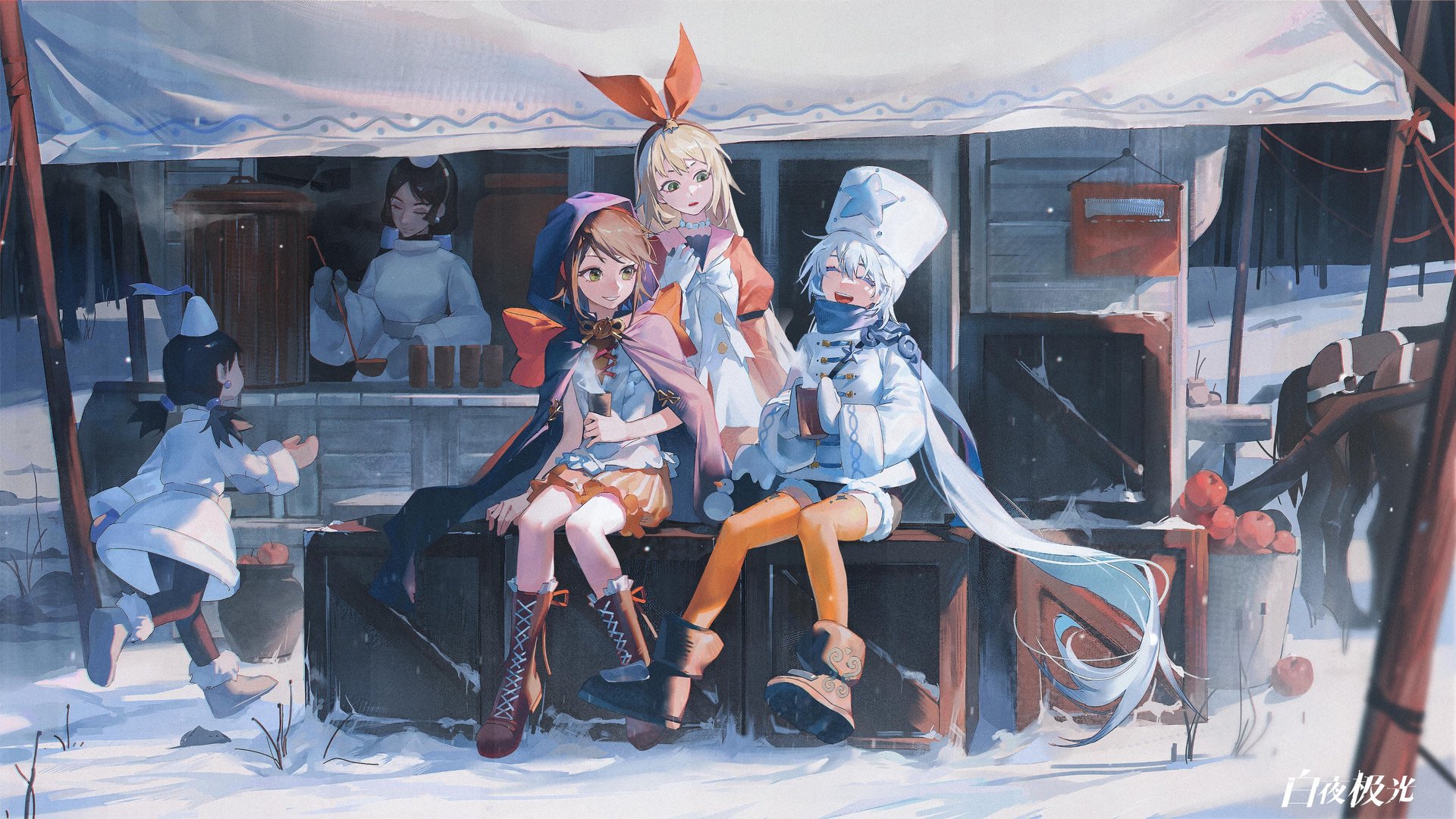 唯美动漫女孩 冬天 雪 饮料 围巾 项链 烹饪 帽子 4K壁纸 4096×2304
