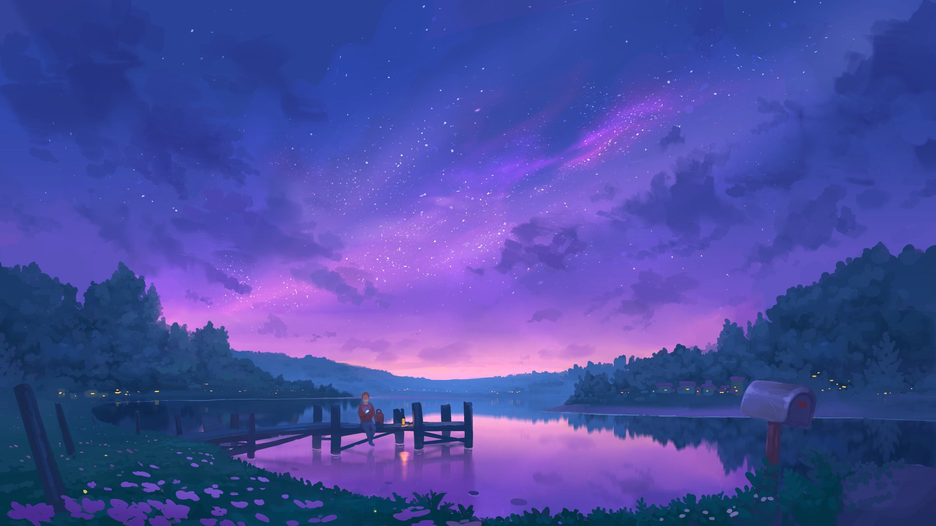 夜 星星 湖 码头 紫色 蓝色 星空 平静 4K壁纸 3840×2160