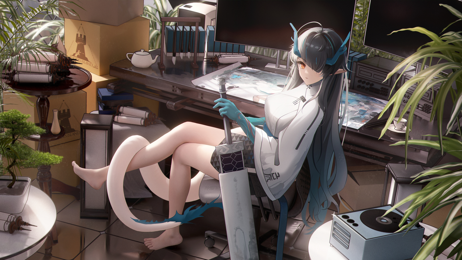 黄昏 武士 动漫女孩 龙女孩 兽耳 武器 角 壁纸 3840×2160