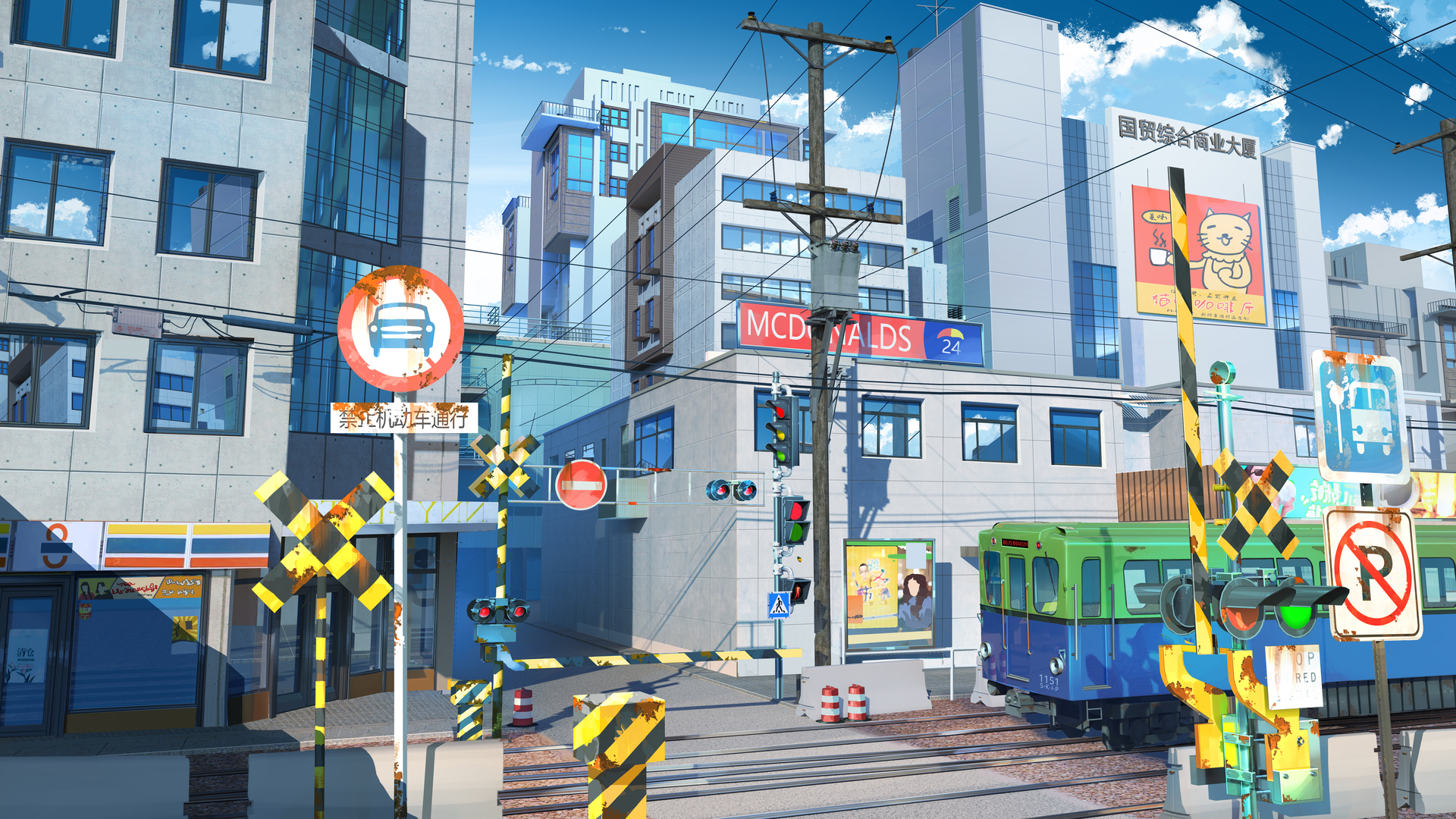 AI艺术 街道 建筑 火车 铁路 日光 风景 高清壁纸 3840×2160