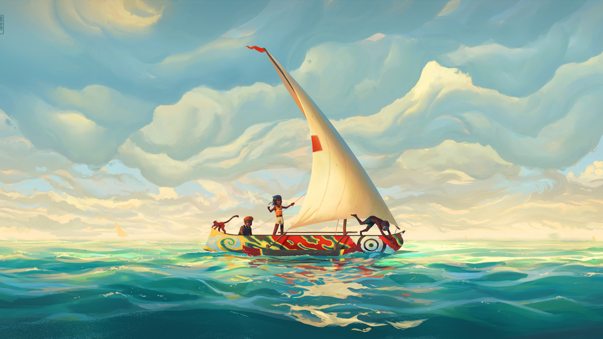 绚丽儿童 AI艺术 插图 风景 海洋 水 船 云 帆船 自然 天空 壁纸 3840×2160