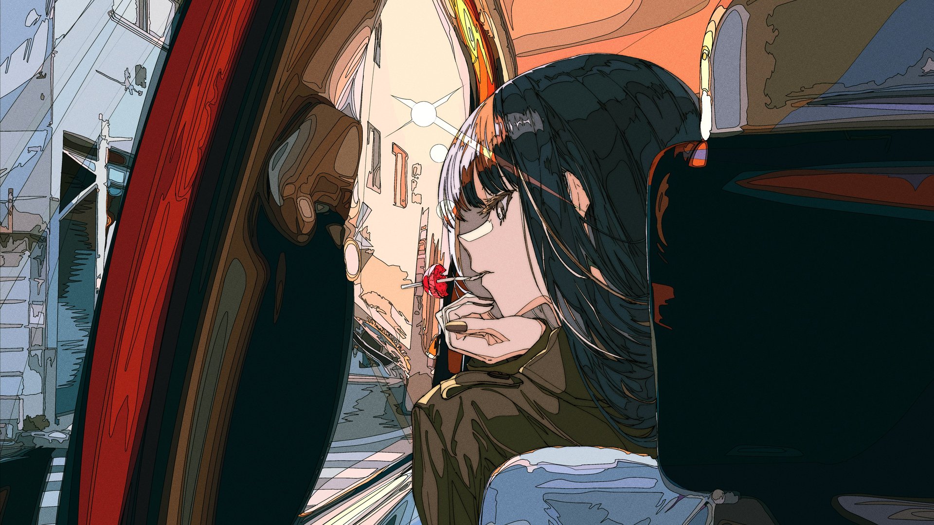原创人物 黑眼睛 动漫 动漫女孩 汽车 日落 黑发 4K高清壁纸 3840×2160
