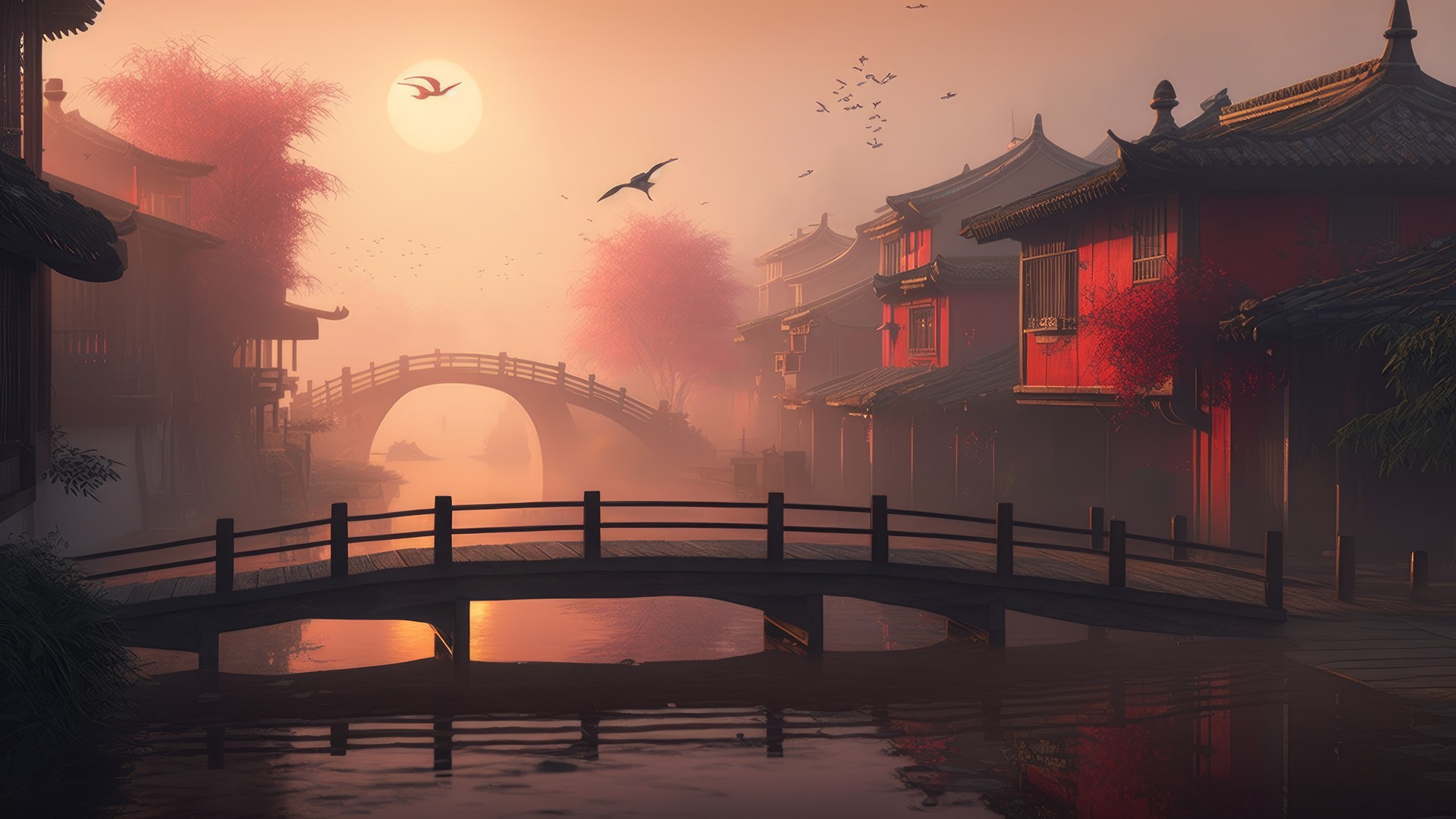 绝美艺术 插图 桥梁 中国 村庄 太阳 鸟 水 反射 壁纸 3840×2160