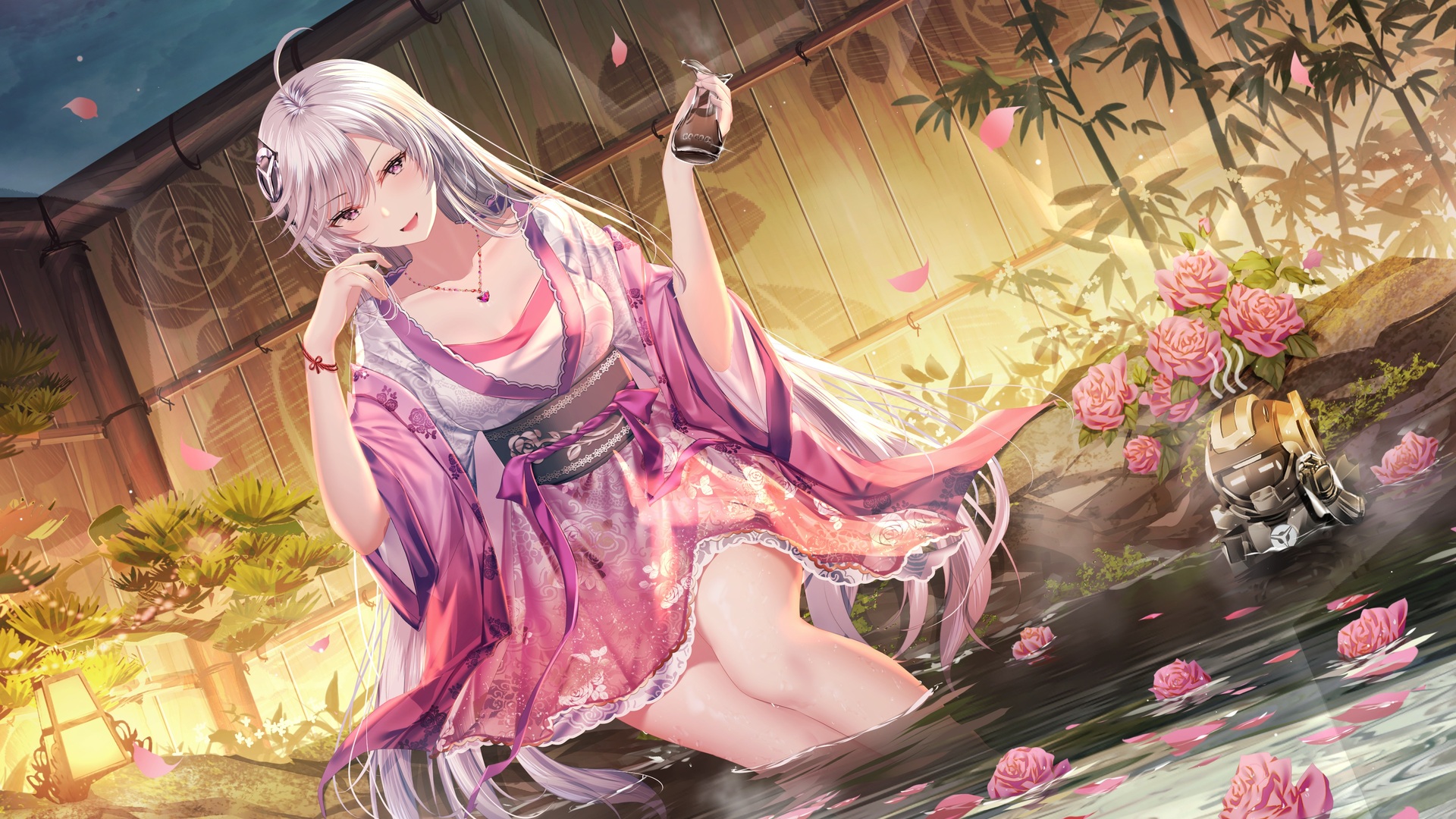 经典凯伦 长发 动漫 动漫女孩 银发 服装 温泉 壁纸 3840×2160