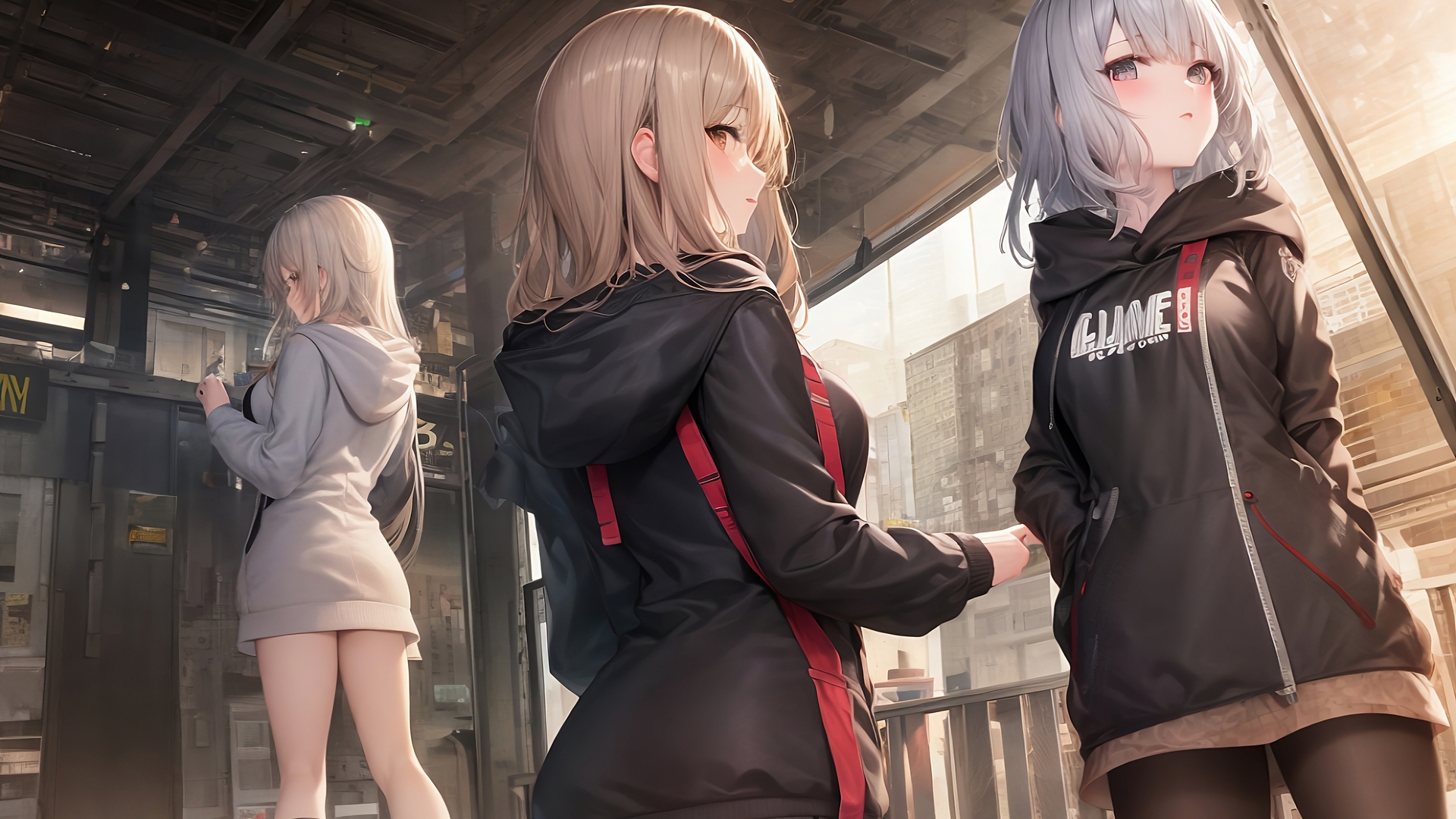 超清动漫女孩 灰色连帽衫 回头看 兜帽 脸红 低角度 壁纸 3840×2160