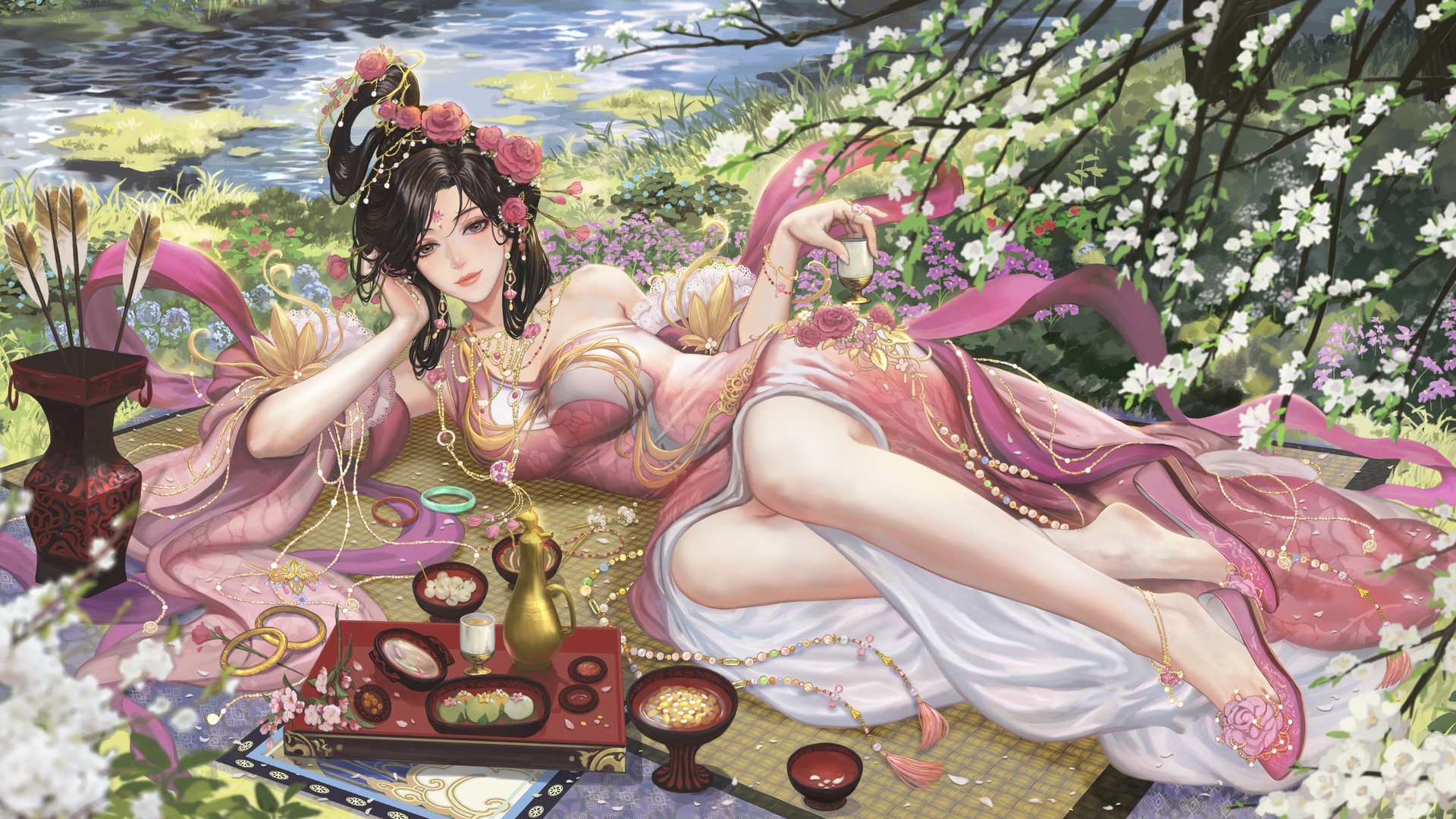 高清女性 微笑 花 大自然 水 草 头发里的花 树枝 衣服 无水印壁纸 3840×2160