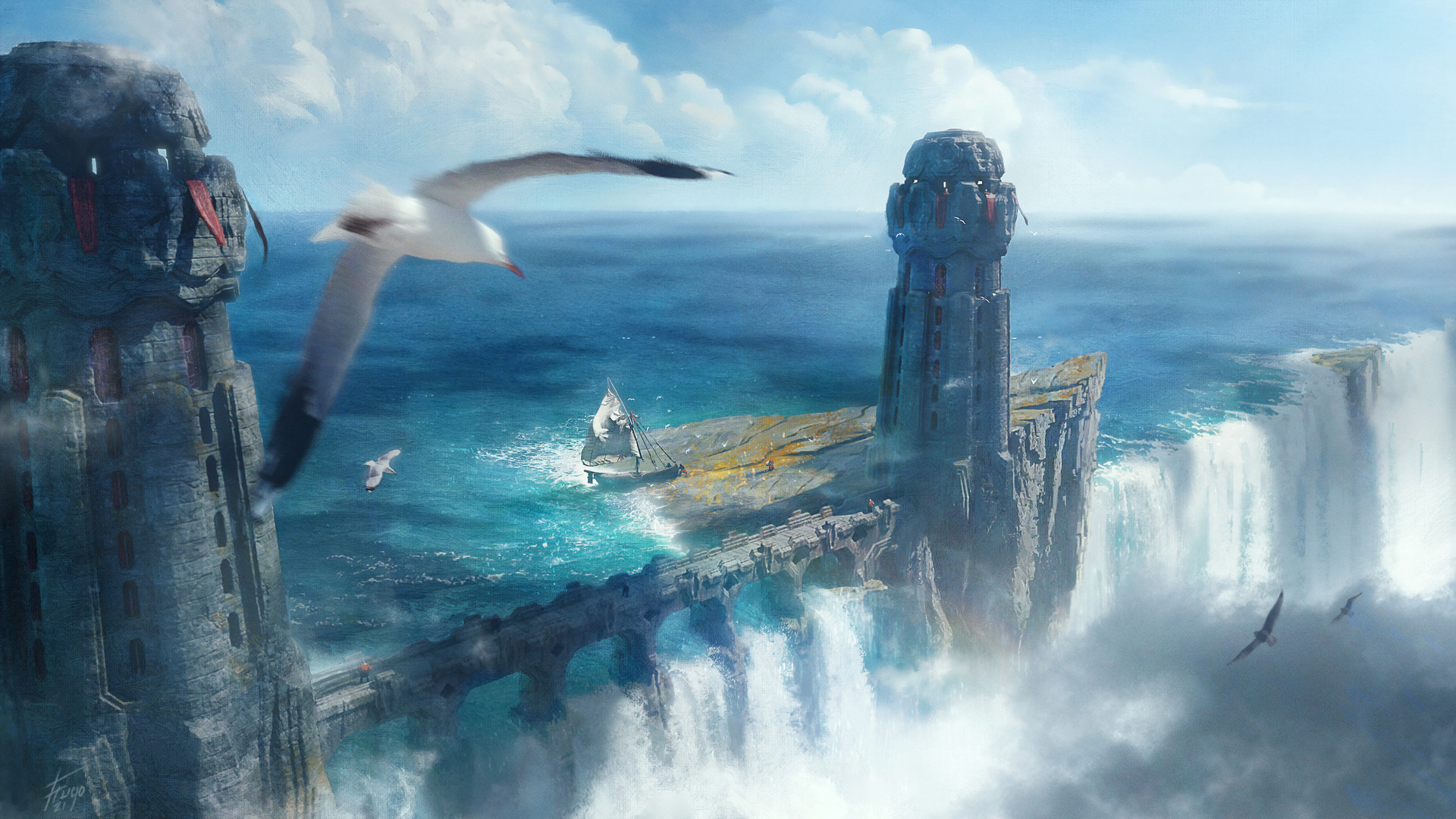 AI艺术 海鸥 瀑布 船 无水印壁纸 3840×2160