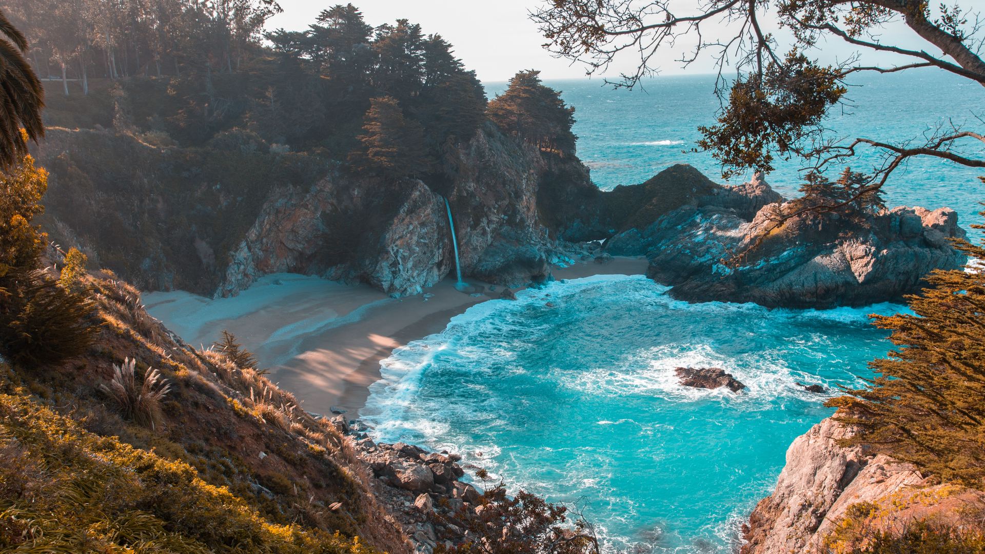 自然 水 海 岩石 树木 蓝色 风景 大苏尔 绿松石 朱莉娅·菲弗·伯恩斯 加利福尼亚州 4K高清壁纸 3840×2160