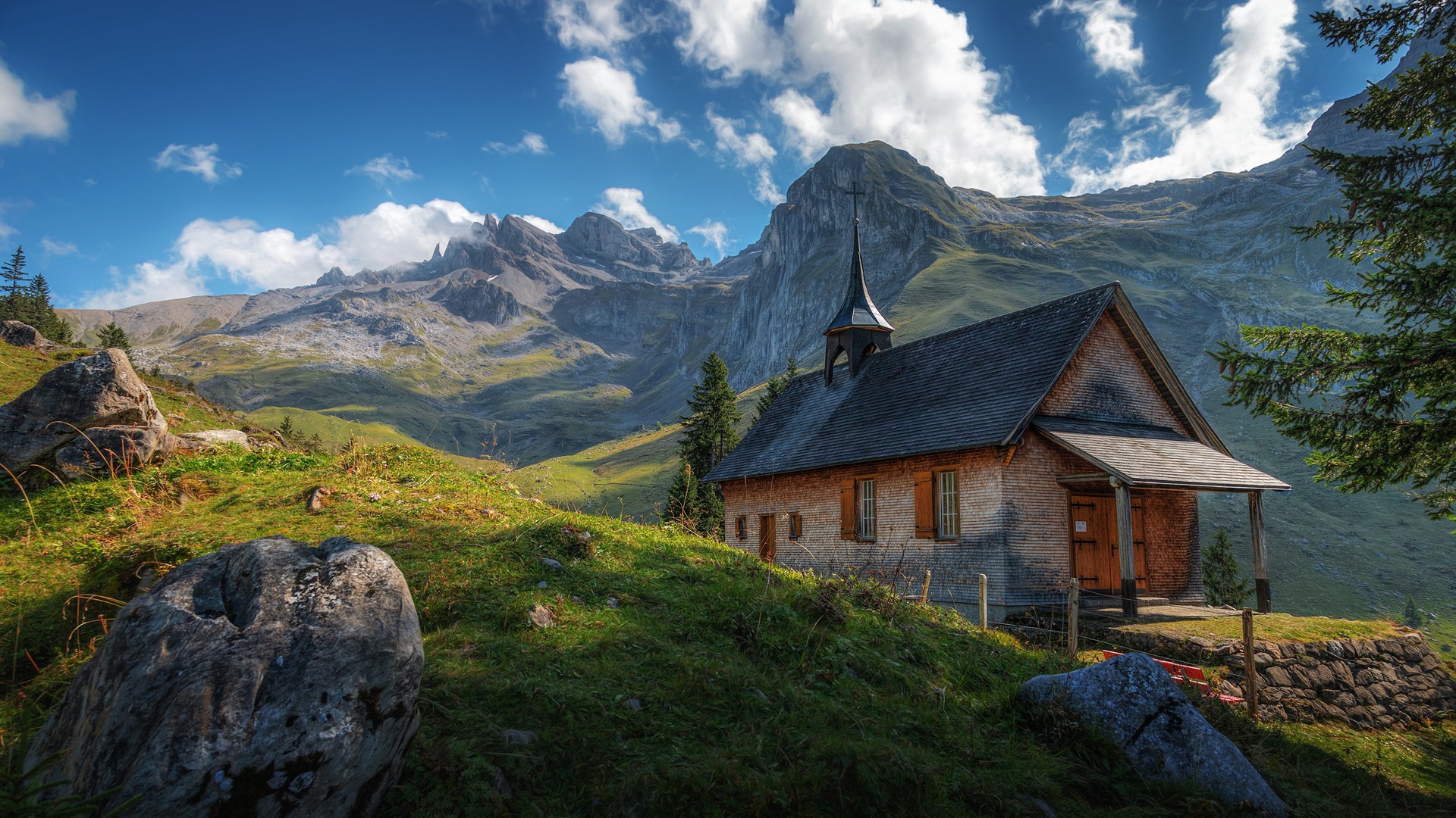 风景 自然 瑞士 山脉 天空 云 房屋 草地 阴影 壁纸 3840×2160