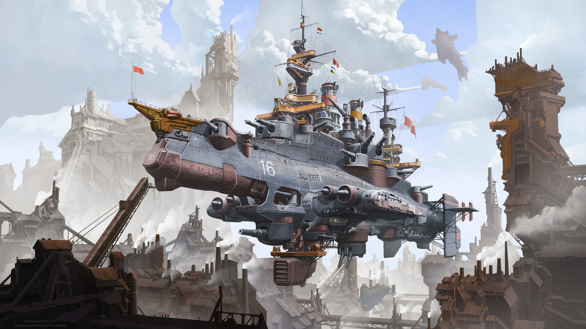 范文楠 插画 科幻 飞艇 蒸汽朋克 数码艺术 云 4K高清壁纸 3840×2160