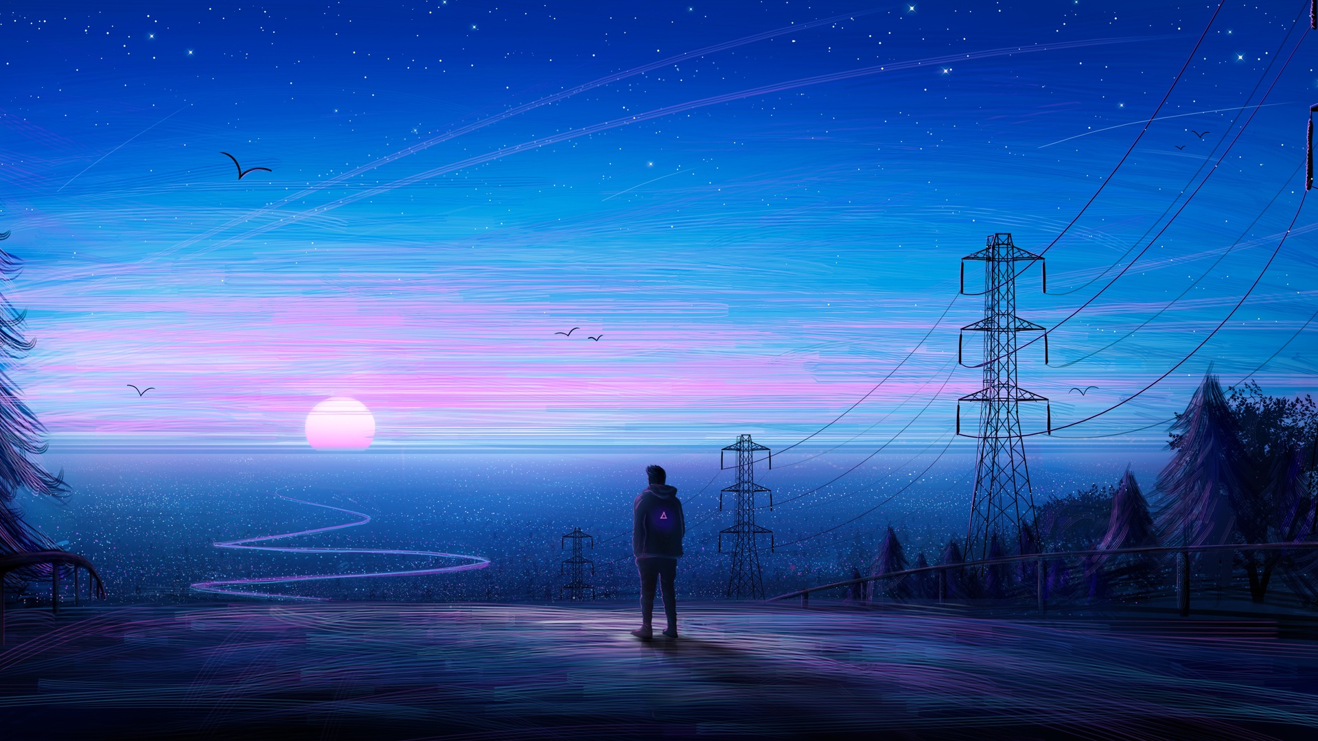 AI艺术 星星 树木 日落 鸟 蓝色 电力线 壁纸 3840×2160