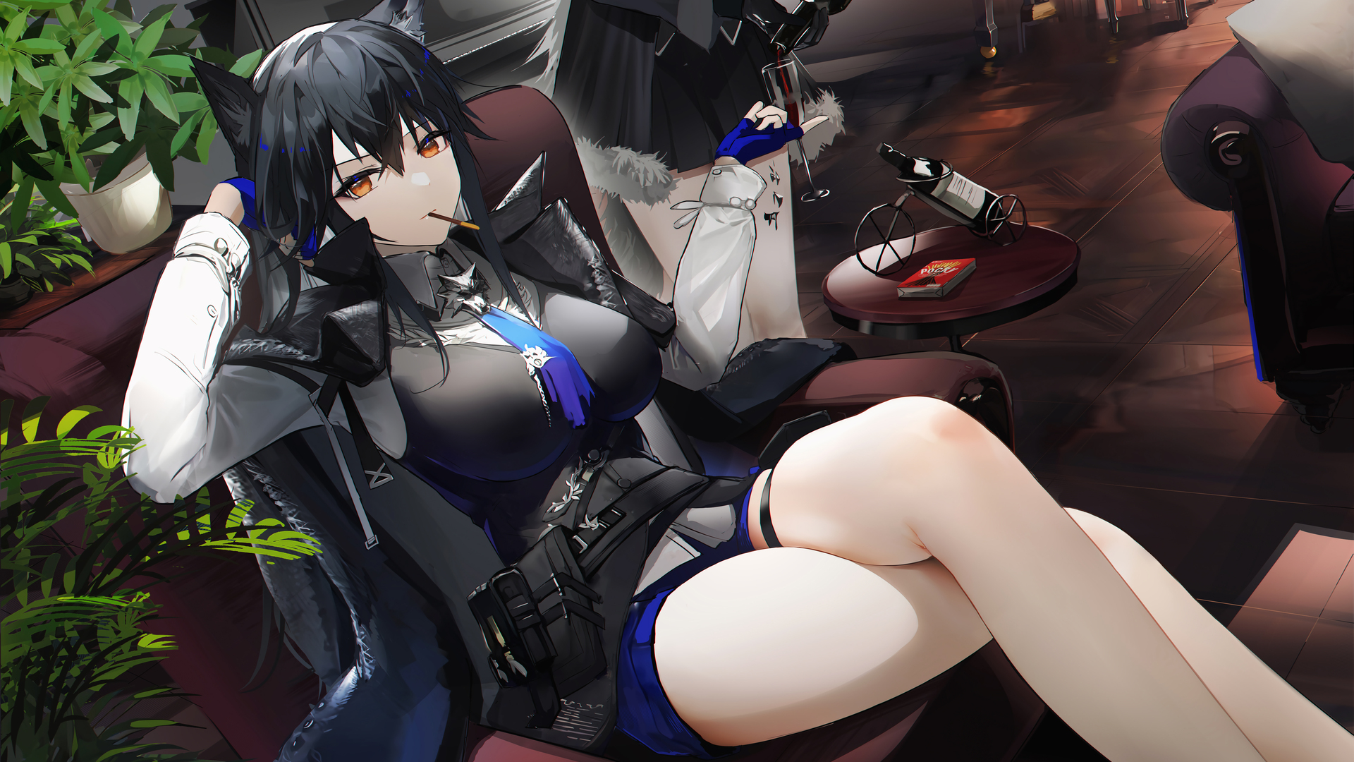 动漫 动漫女孩 茶 明日方舟 黑发 葡萄酒 植物 狼女 壁纸 3840×2160