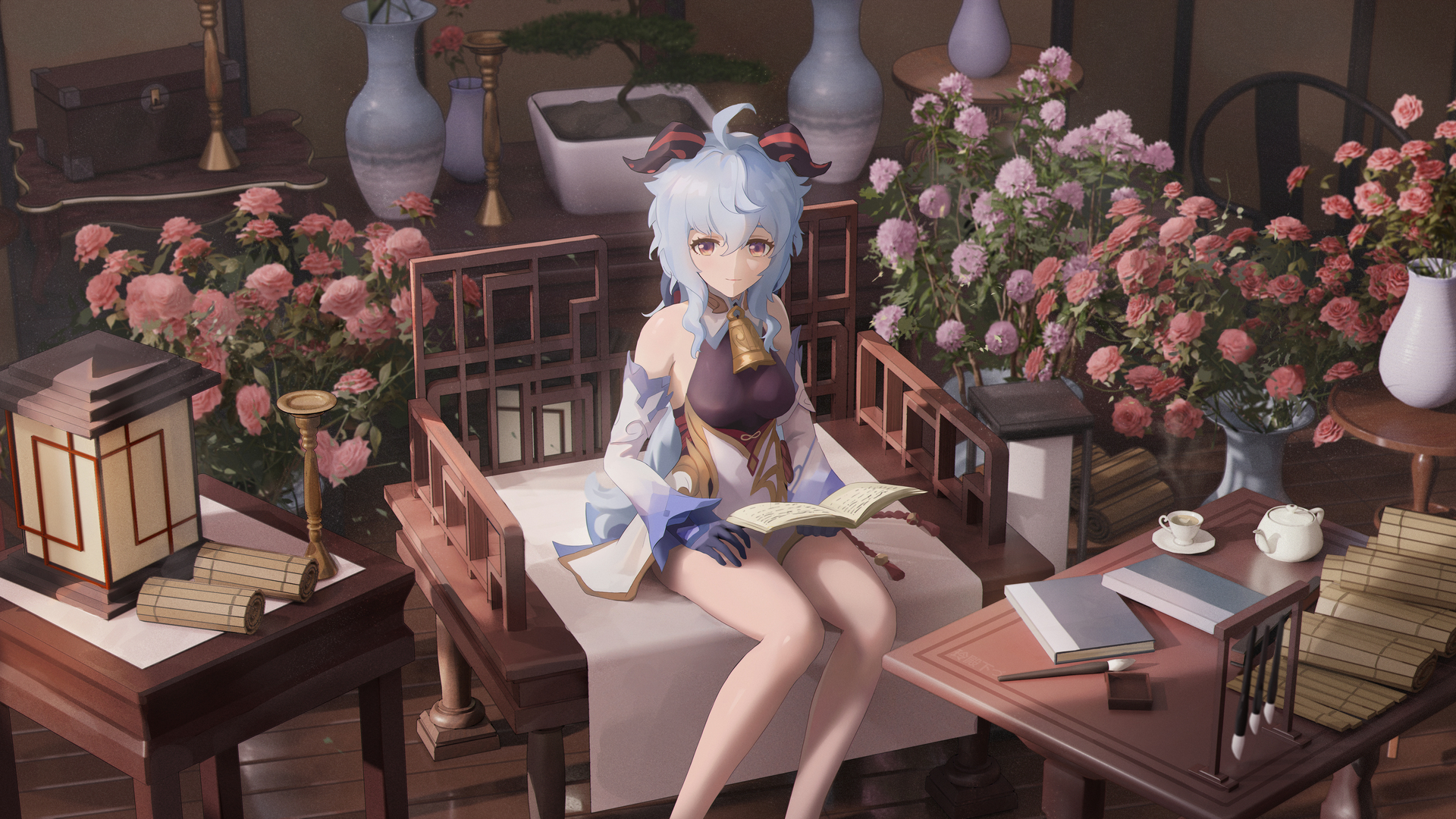 热门蓝发 原神 赣语 动漫女孩 号角 书籍 鲜花 桌面壁纸 3840×2160