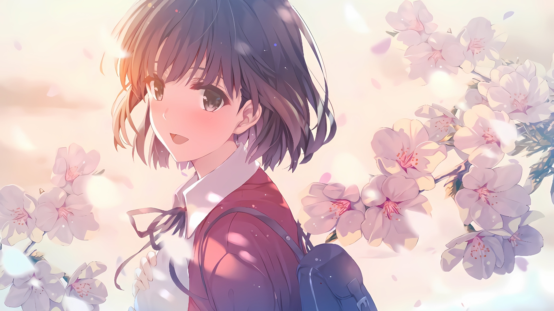 短发 动漫女孩 樱花 背包 加藤美美 赛奈女主角 索迪卡塔 鲜花 校服 无水印壁纸 3840×2160