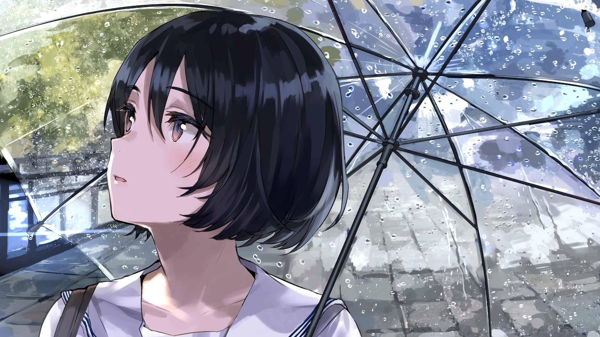 原创人物 短发 校服 雨伞 雨 剪裁 特写 4K高清壁纸 3840×2160