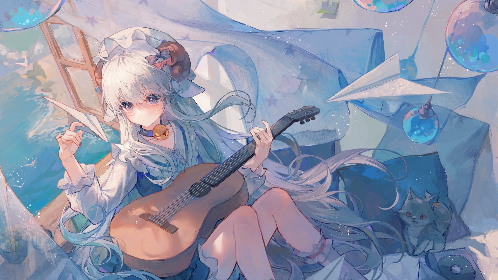 高清原创人物 抹茶 长发 动漫女孩 乐器 猫 银发 手机壁纸 3840×2160