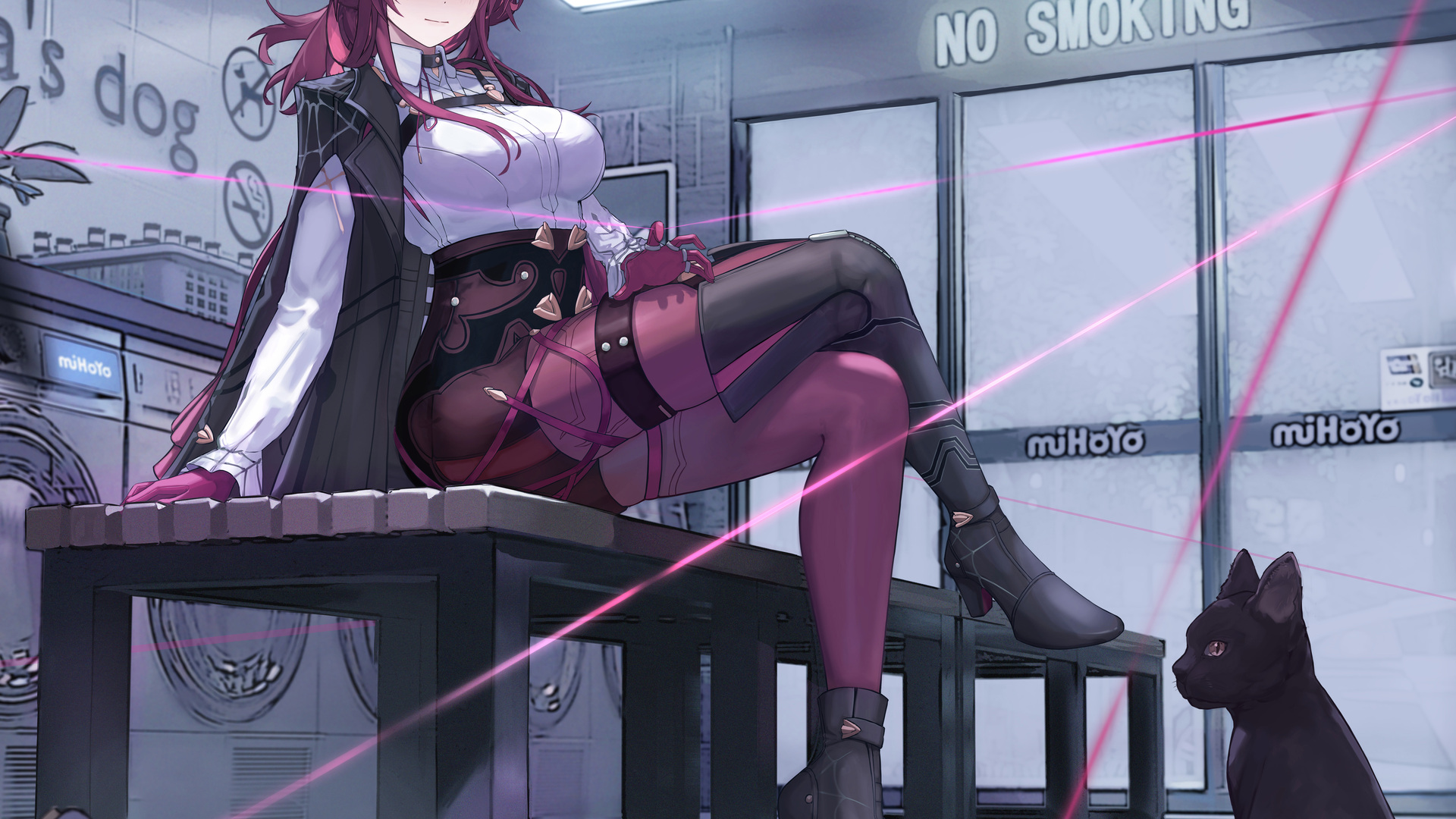 微笑 卡夫卡 动漫女孩 紫色眼睛 格子 猫 动物 手机壁纸 7808×6967