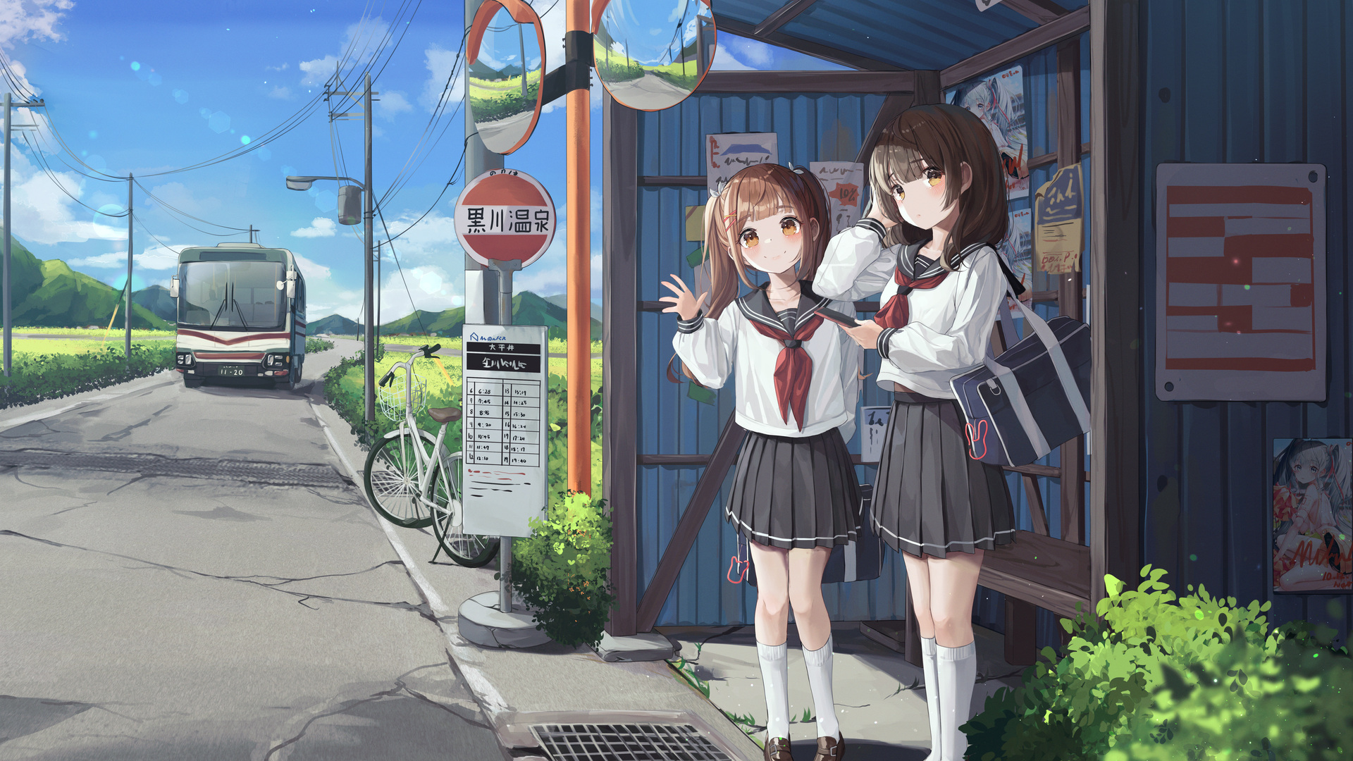 挥手 微笑 黑发 动漫女孩 校服 棕色的眼睛 4K壁纸 3840×2160