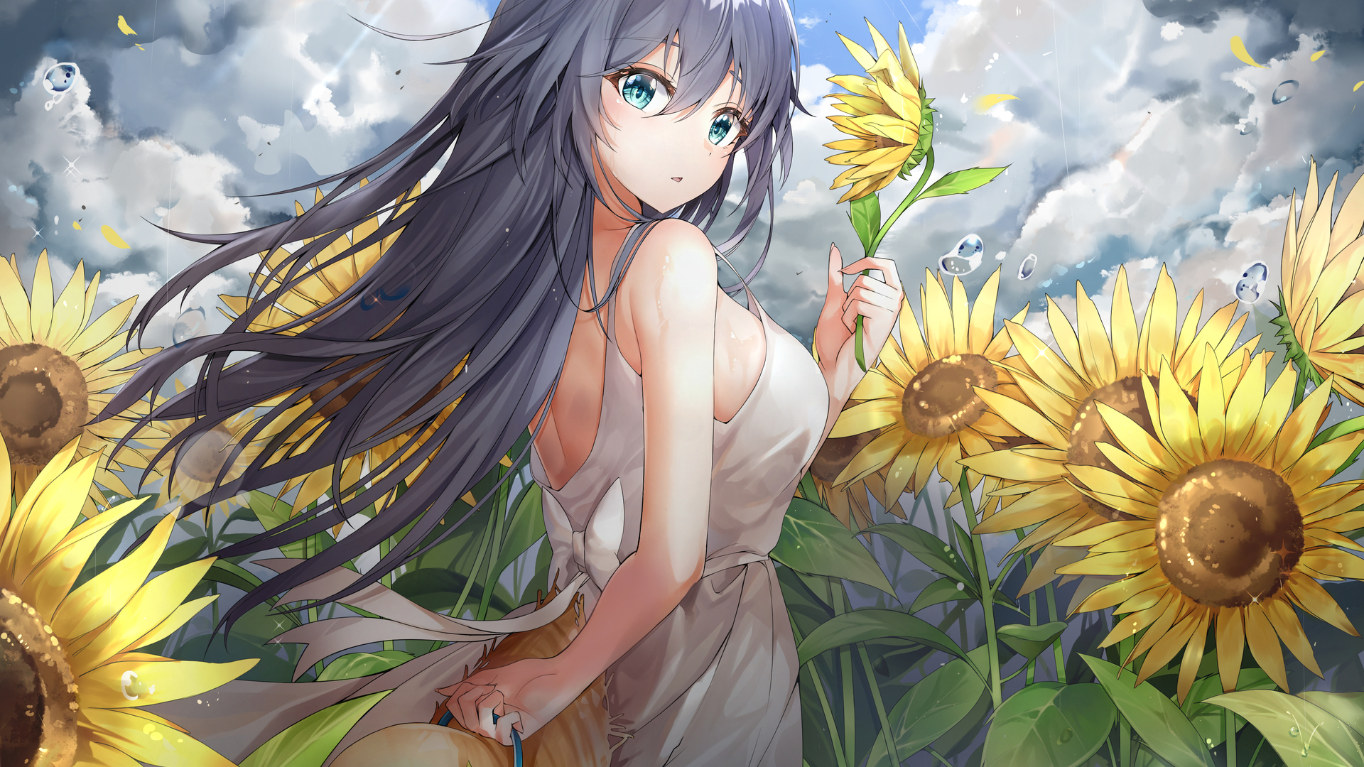 热门长发 蓝眼睛 福华 夏装 向日葵 白色连衣裙 黑发 太阳裙 动漫女孩 桌面壁纸 3840×2160
