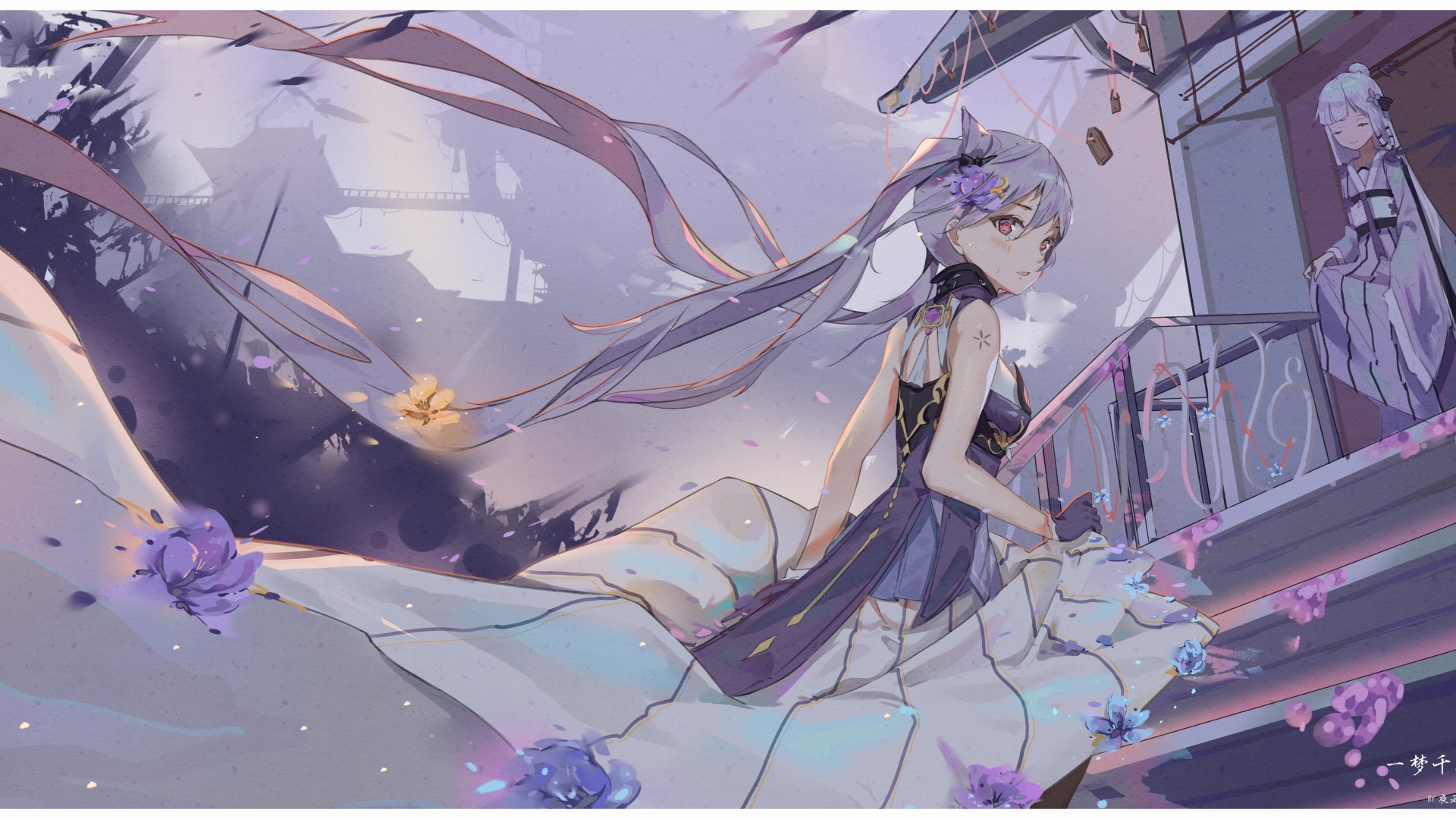 唯美紫色头发 红色眼睛 动漫女孩 科清 原神 鲜花 壁纸 3840×2160