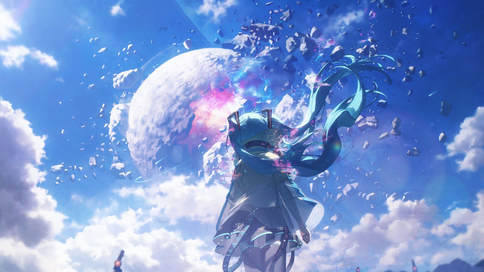 唯美仰望 站立 蓝发 长发 动漫 小提琴 初音 动漫女孩 桌面壁纸 3840×2160