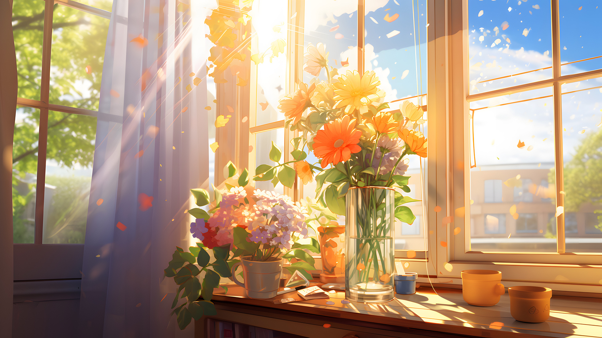 阳光 花朵 花瓣 窗户 树叶 植物 窗帘 壁纸 3840×2160