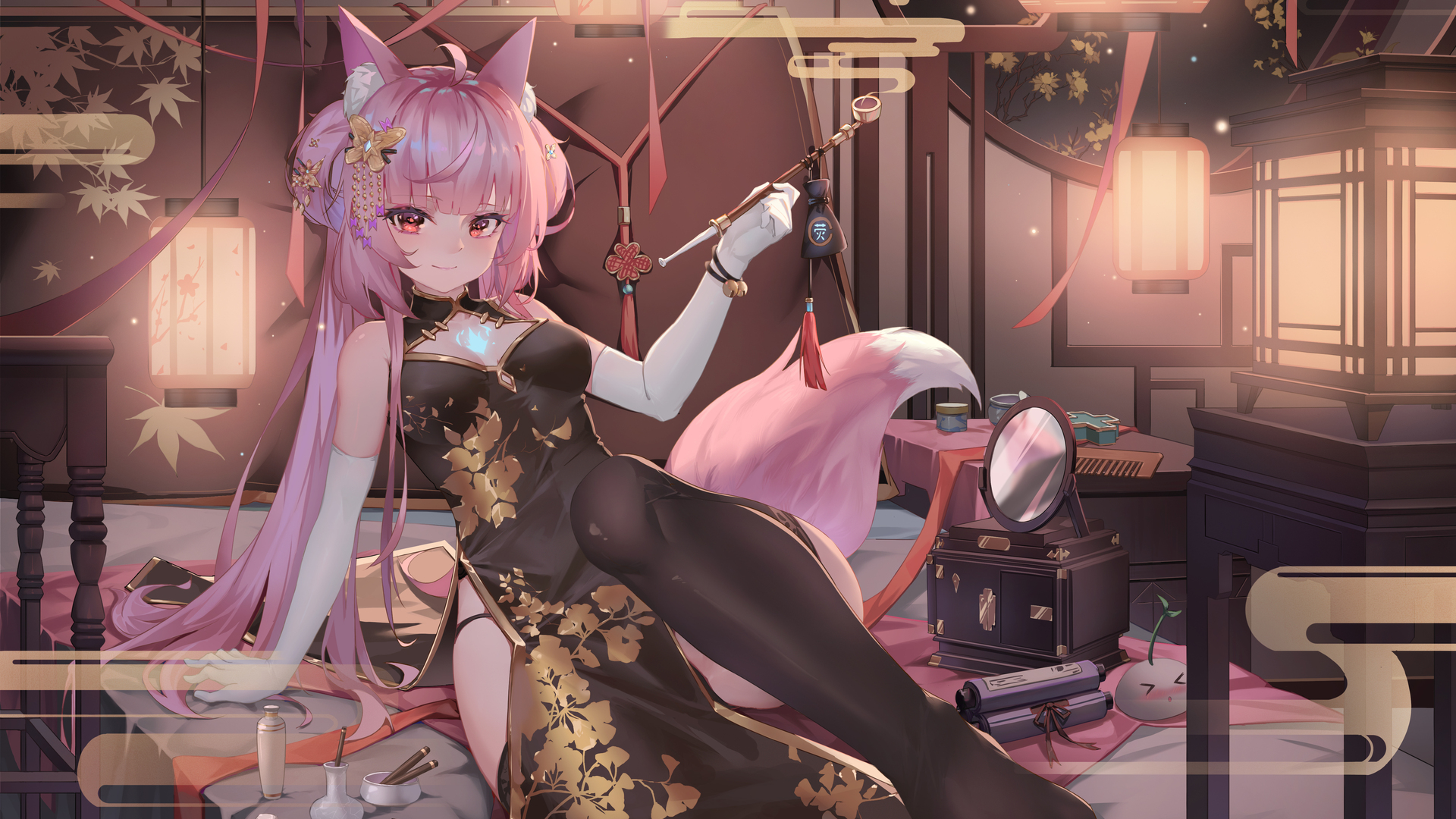 粉色头发 狐狸尾巴 狐尾 动漫 动漫女孩 兽耳 中式服装 壁纸 3840×2160