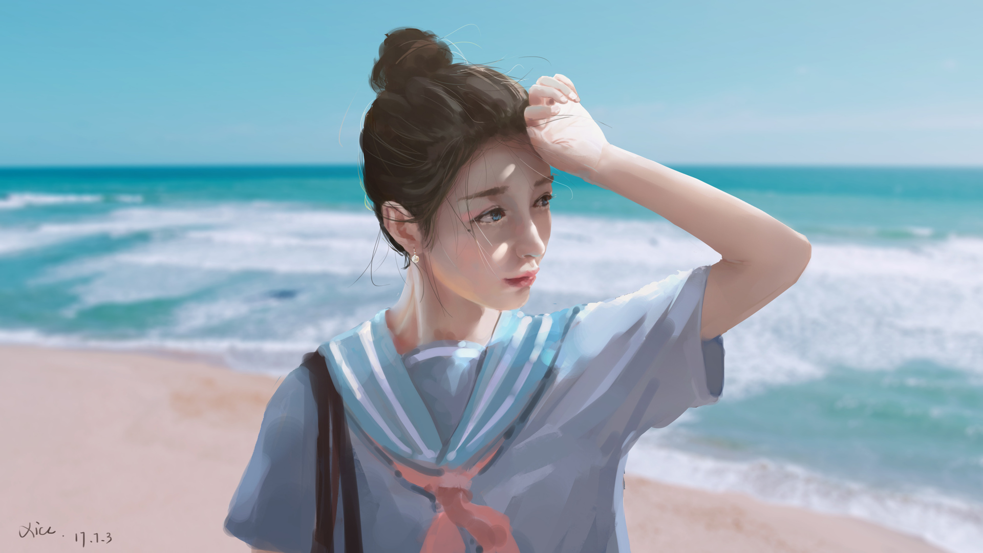 唯美黑发 脸 天空 动漫女孩 海边女孩人物照 高清壁纸 3840×2160