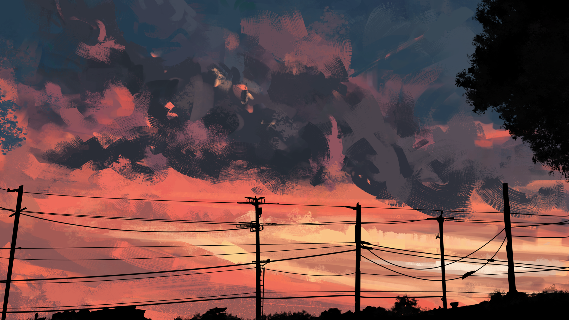 AI艺术 云 电线杆 油画风格 夕阳下的景物 壁纸 3840×2160