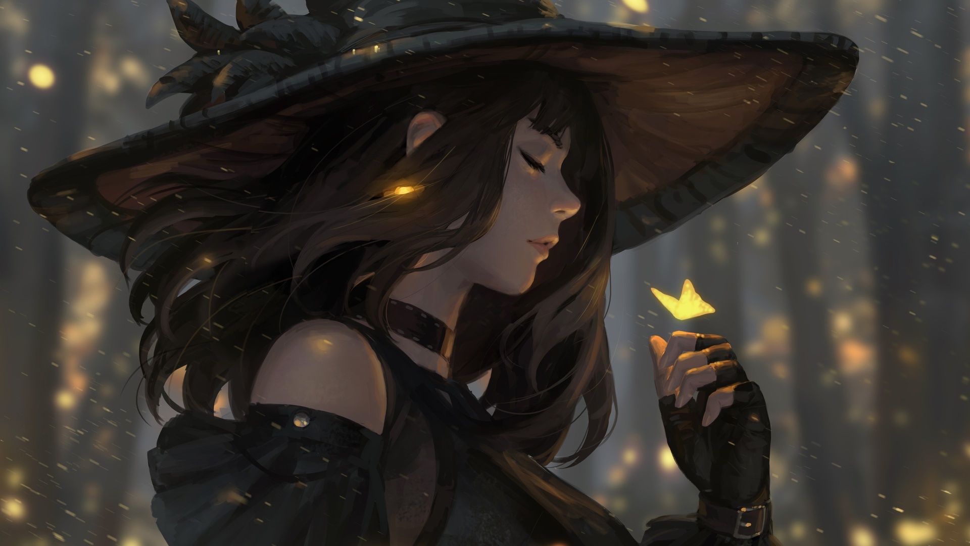 经典闭眼 动漫女孩 女巫帽子 蝴蝶 项链 桌面壁纸 3840×2160