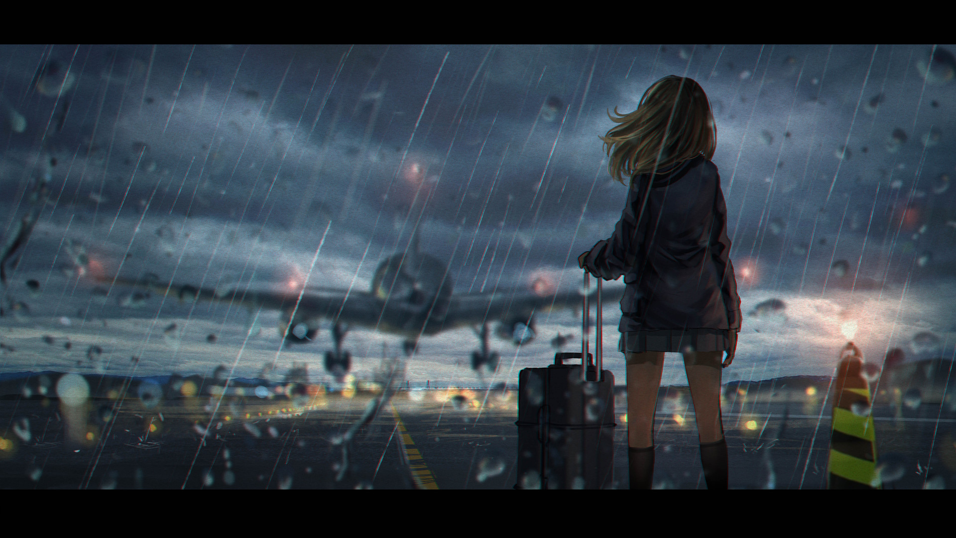 动漫 动漫女孩 飞机 雨 校服 水 4K高清壁纸 5616×3150