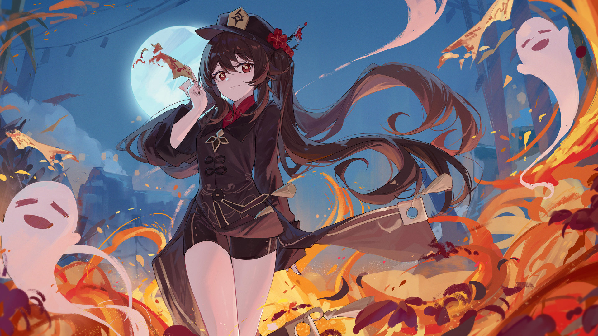 热门胡桃 原神 黑发 雅居 双尾 火 月亮 幽灵 高清壁纸 3840×2160