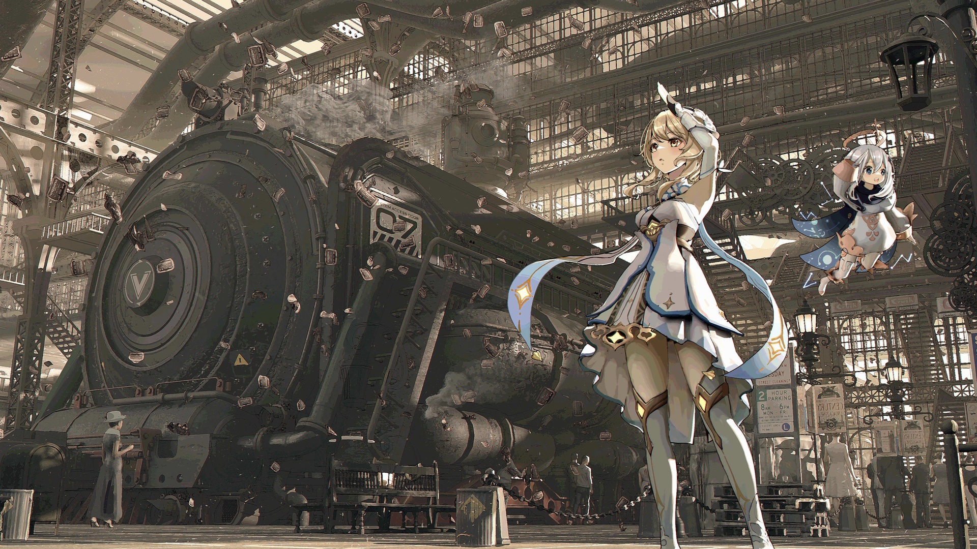 派蒙 原神 鲁明 动漫女孩 火车 4K高清壁纸 3840×2160