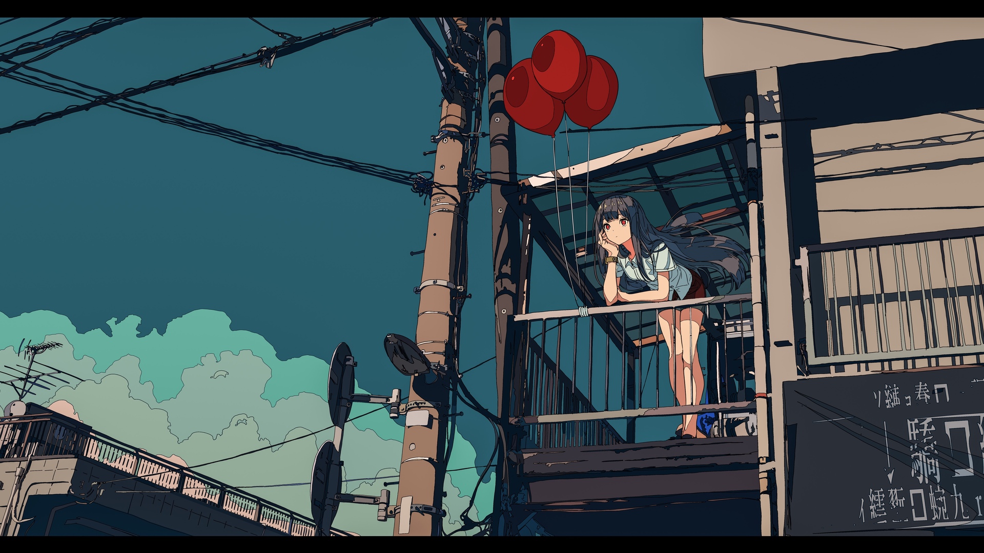 热门长头发 红眼睛 深色头发 动漫女孩 气球 高清壁纸 3840×2160