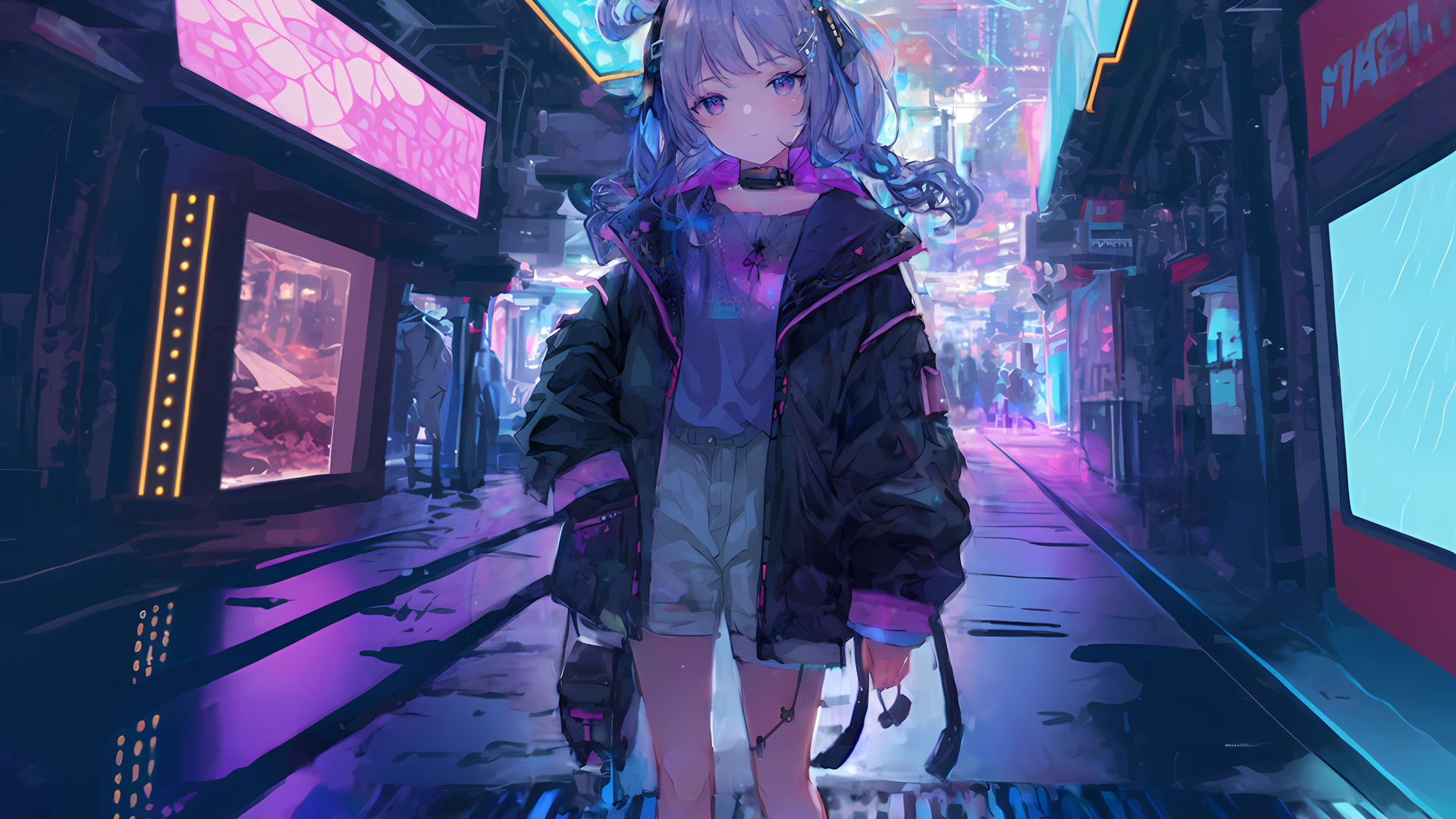 超清赛博朋克 艺术 冬季街头 穿棉衣的女孩 桌面壁纸 3840×2160
