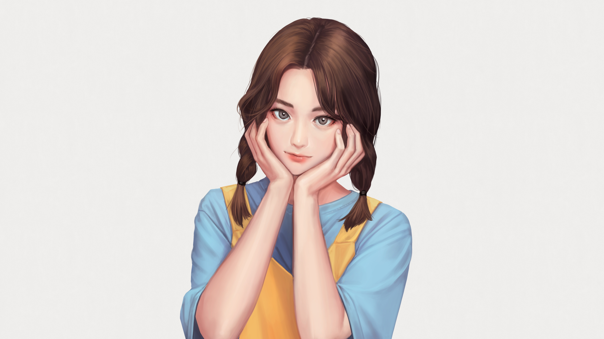 女性 原创人物 辫子 深色头发 肖像 简单背景 双尾 极简主义 壁纸 3840×2160