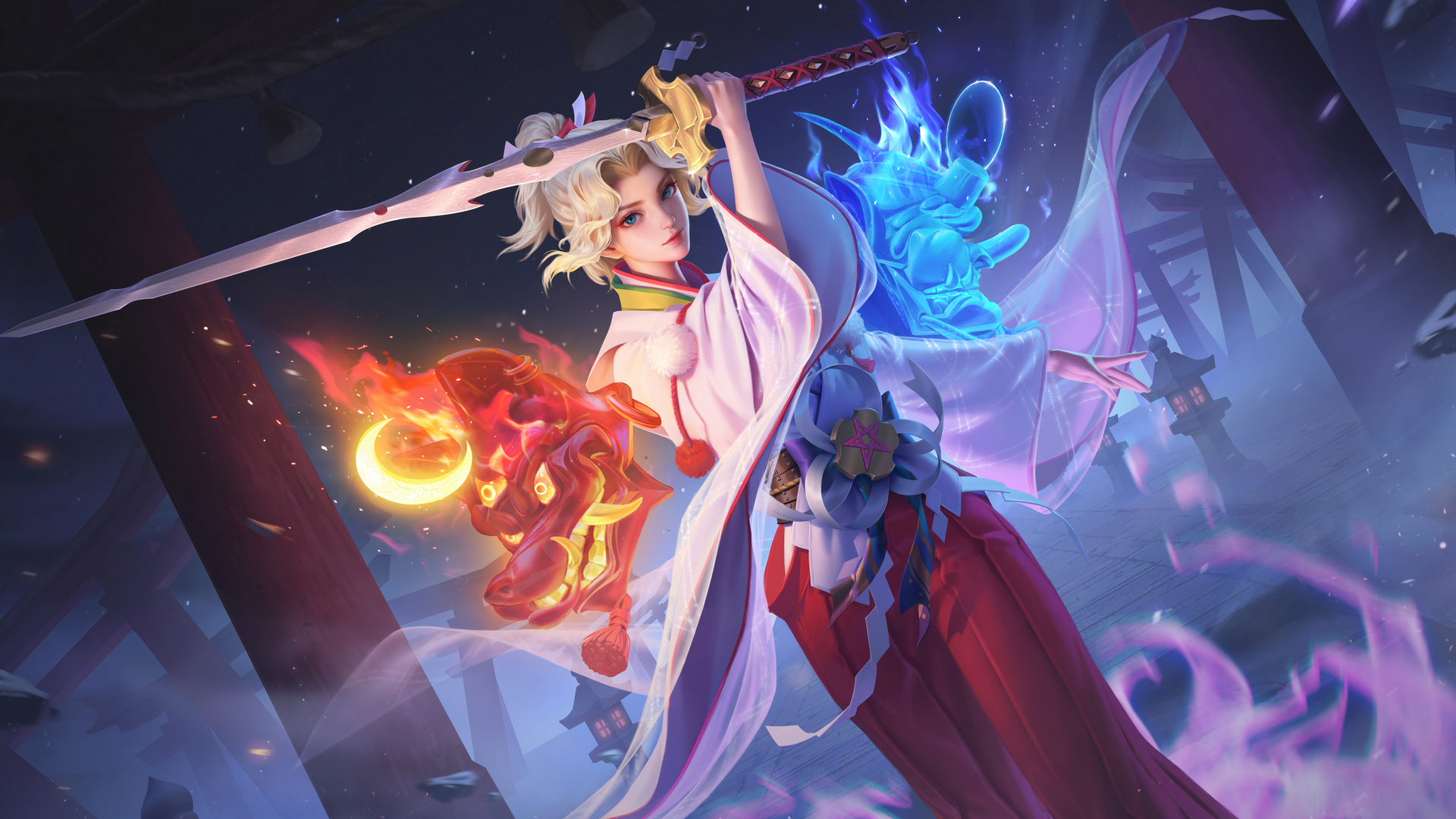 女人 金发 马尾辫 王者荣耀 游戏 和服 剑 鸟取 武士 数码艺术 桌面壁纸 3840×2160