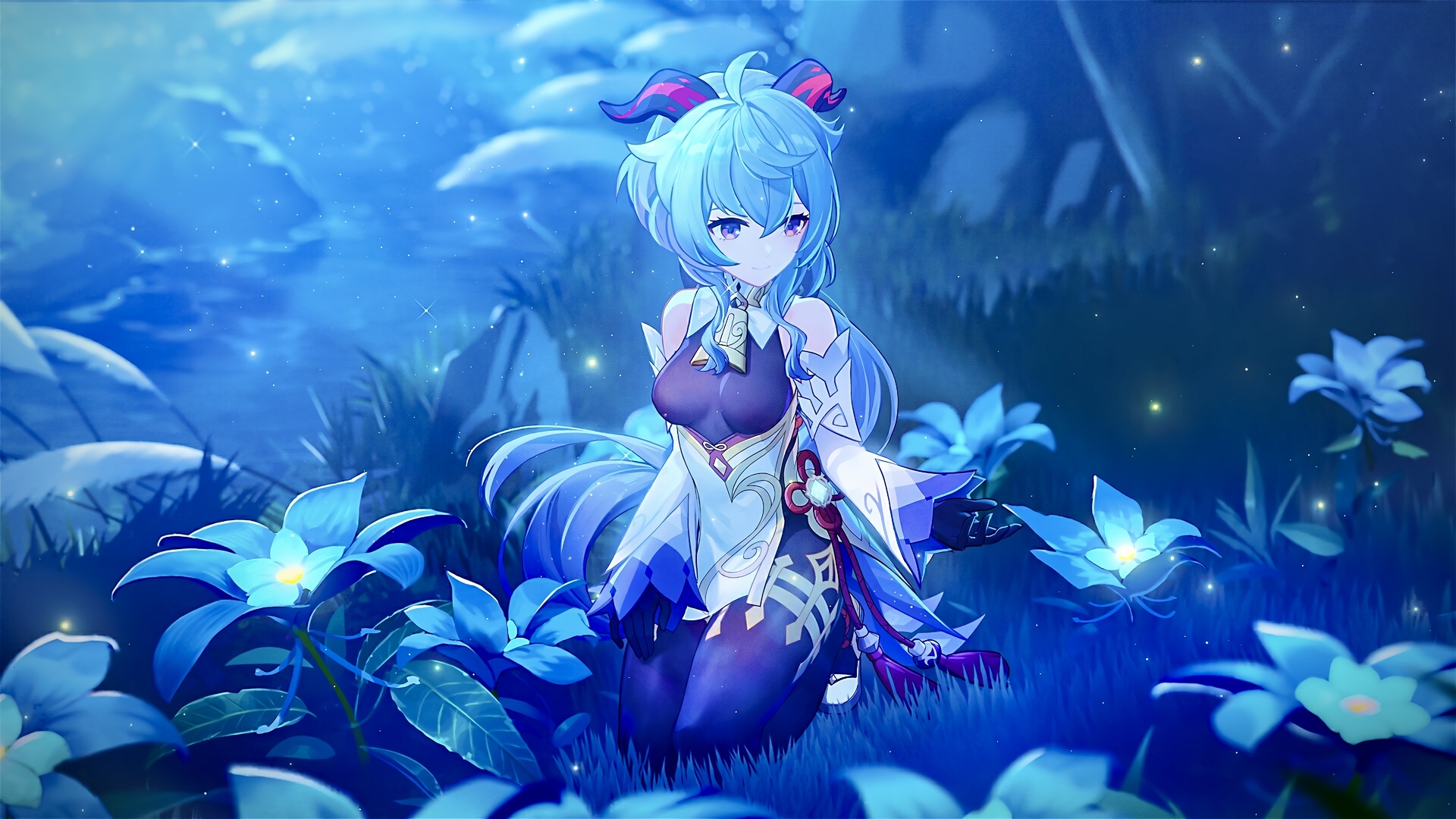 幻想女孩 微笑 原神 动漫女孩 蓝色 花 叶 草 壁纸 3840×2160