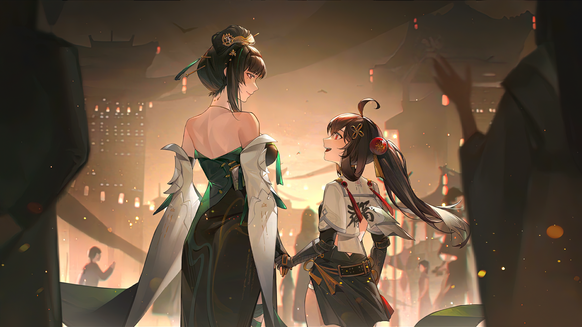 动漫 动漫女孩 连衣裙 节日 面对面 4K高清壁纸 3840×2160