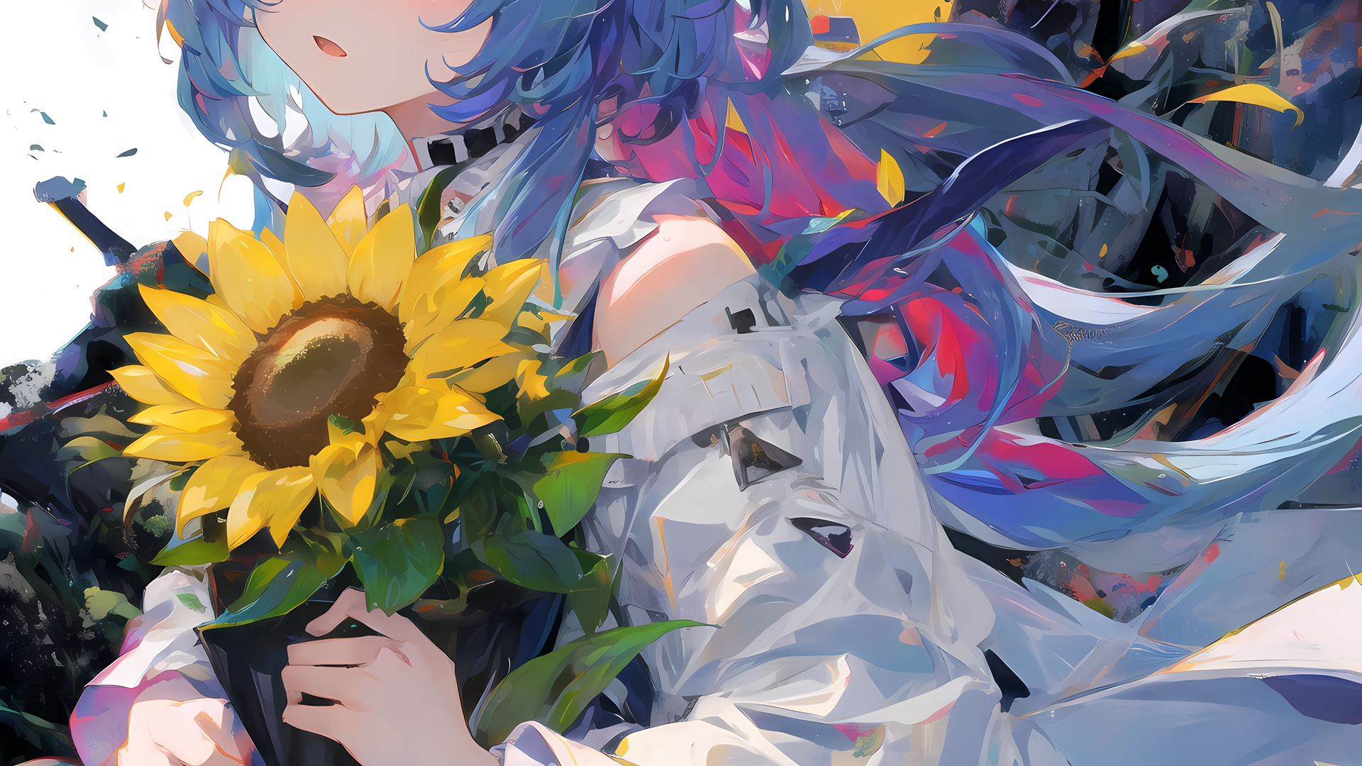 超清动漫 动漫女孩 角 花 向日葵 叶子 花瓣 艺术 赣语 壁纸 3840×2160