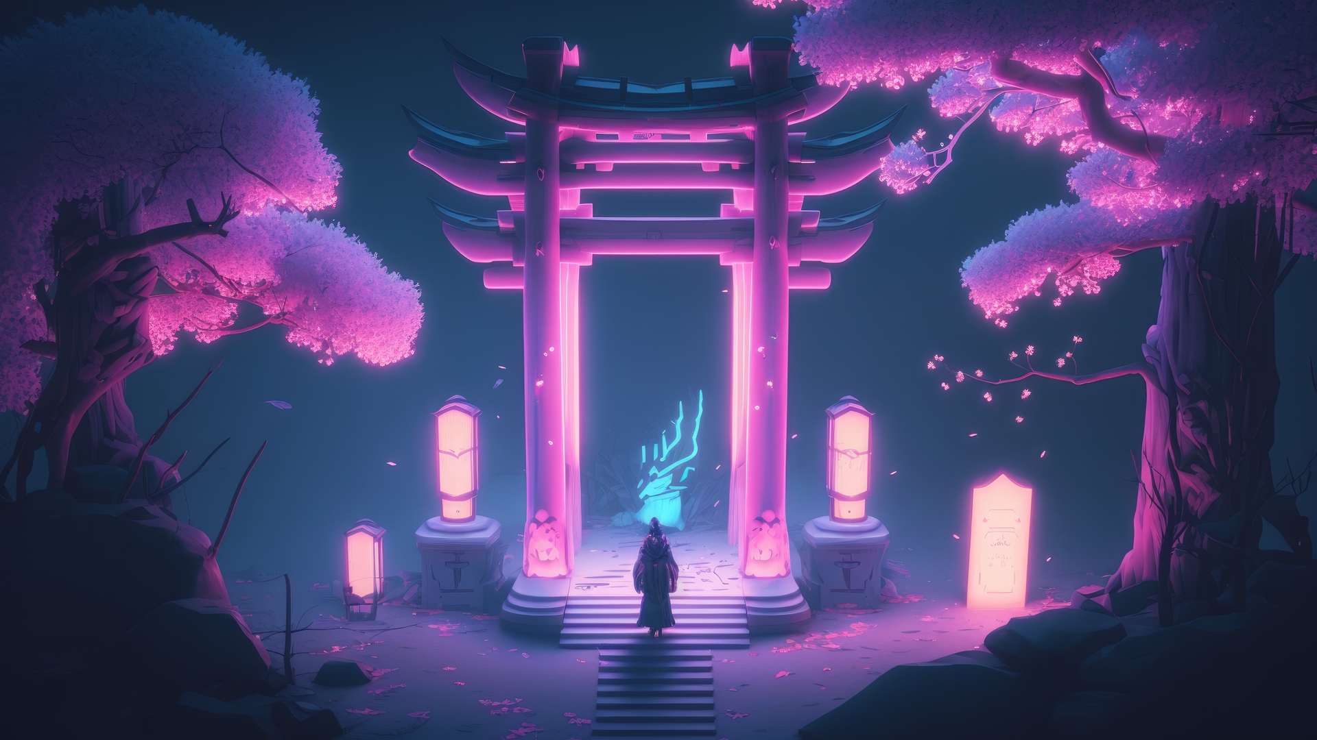 精选霓虹灯 粉色 鸟取 花瓣 楼梯 高清壁纸 3840×2160