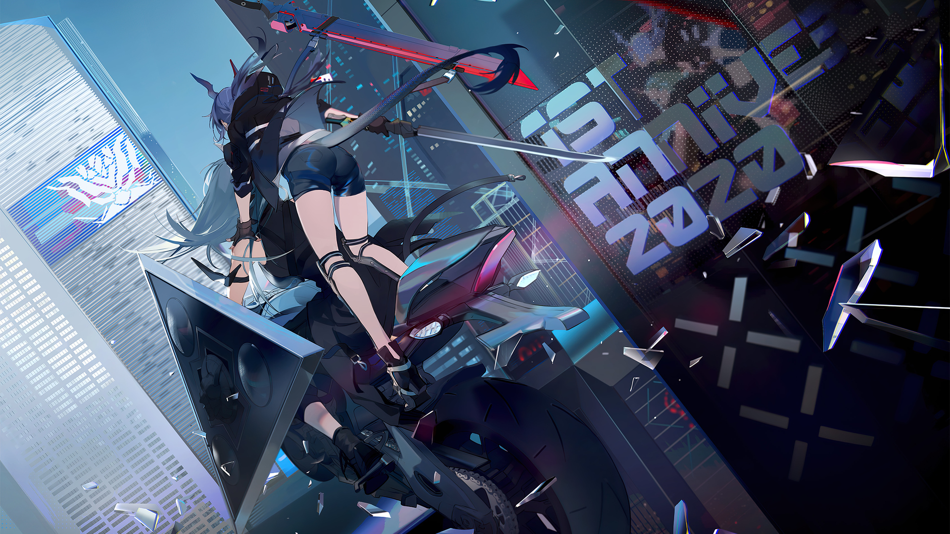 超清游戏CG角色 蓝色头发 长发 马尾辫 骑机车的女孩 壁纸 3840×2160