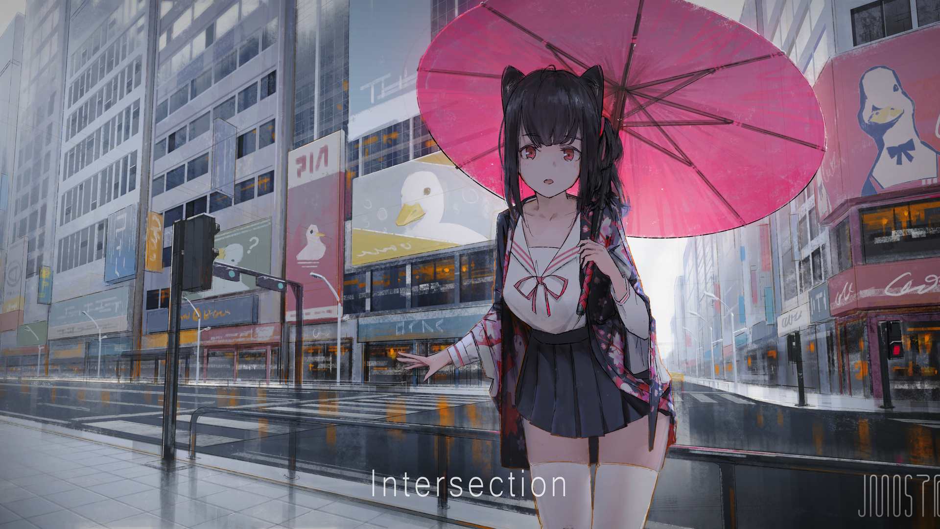 经典深色头发 户外女人 长发 动漫 动漫女孩 城市 手拿雨伞 高清壁纸 3840×2160