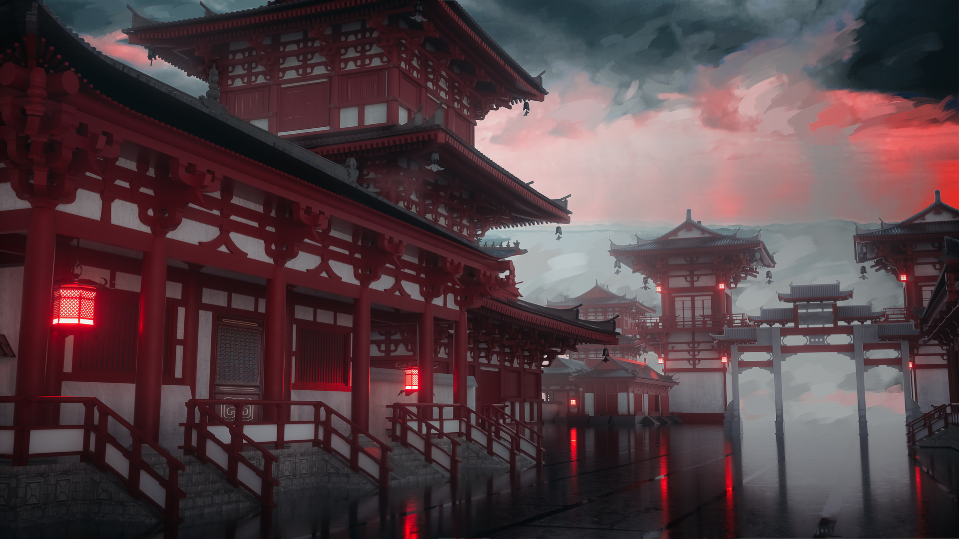 西摩 红色建筑 灯笼 烟雾弥漫 桌面壁纸 3840×2160