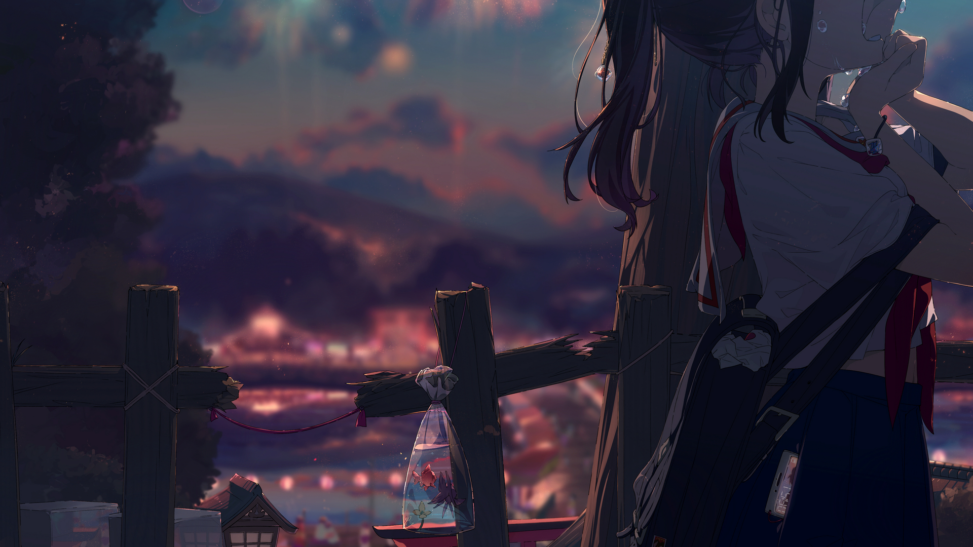动漫 动漫女孩 AI艺术 哭泣 夜晚 烟花 校服 壁纸 3840×2160