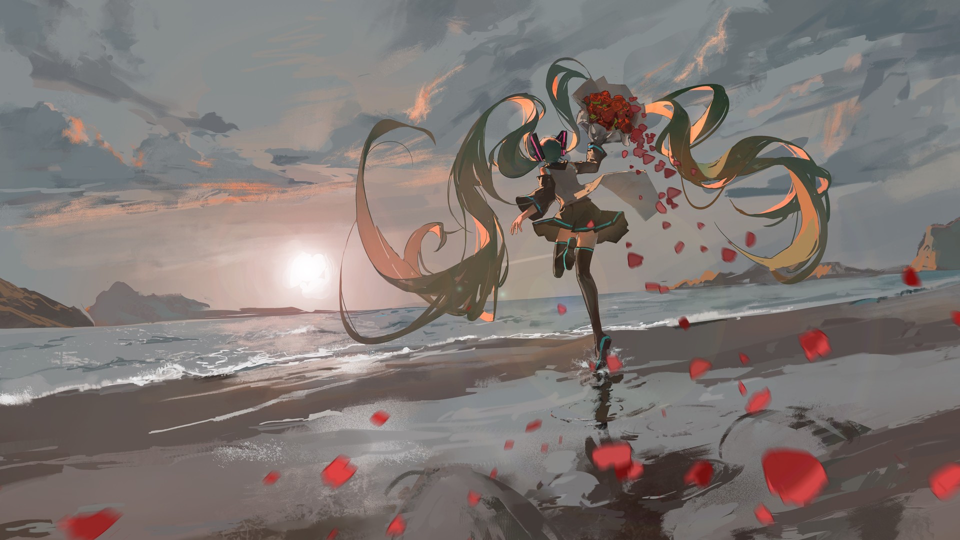 经典动漫女孩 跑步 夕阳辉光 海滩上的女人 波浪 壁纸 3840×2160
