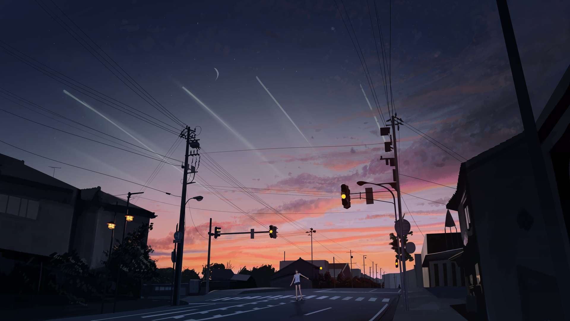 绝美街道 房屋 红绿灯 日落 夕阳辉光 城市 人行天桥 轨道 壁纸 3840×2160