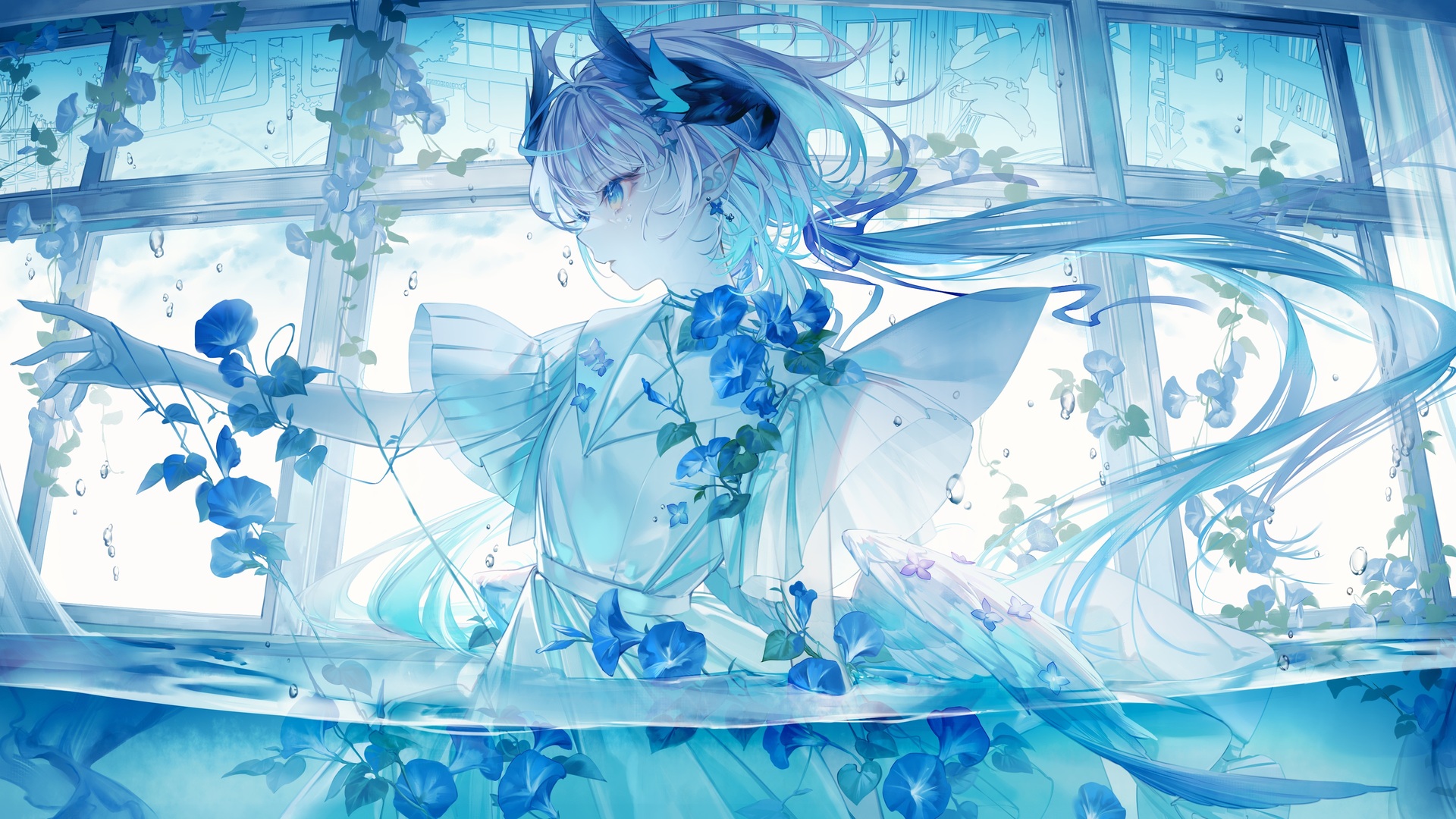 动漫女孩 发带 白色连衣裙 连衣裙 双色调头发 站在水中 壁纸 3840×2160