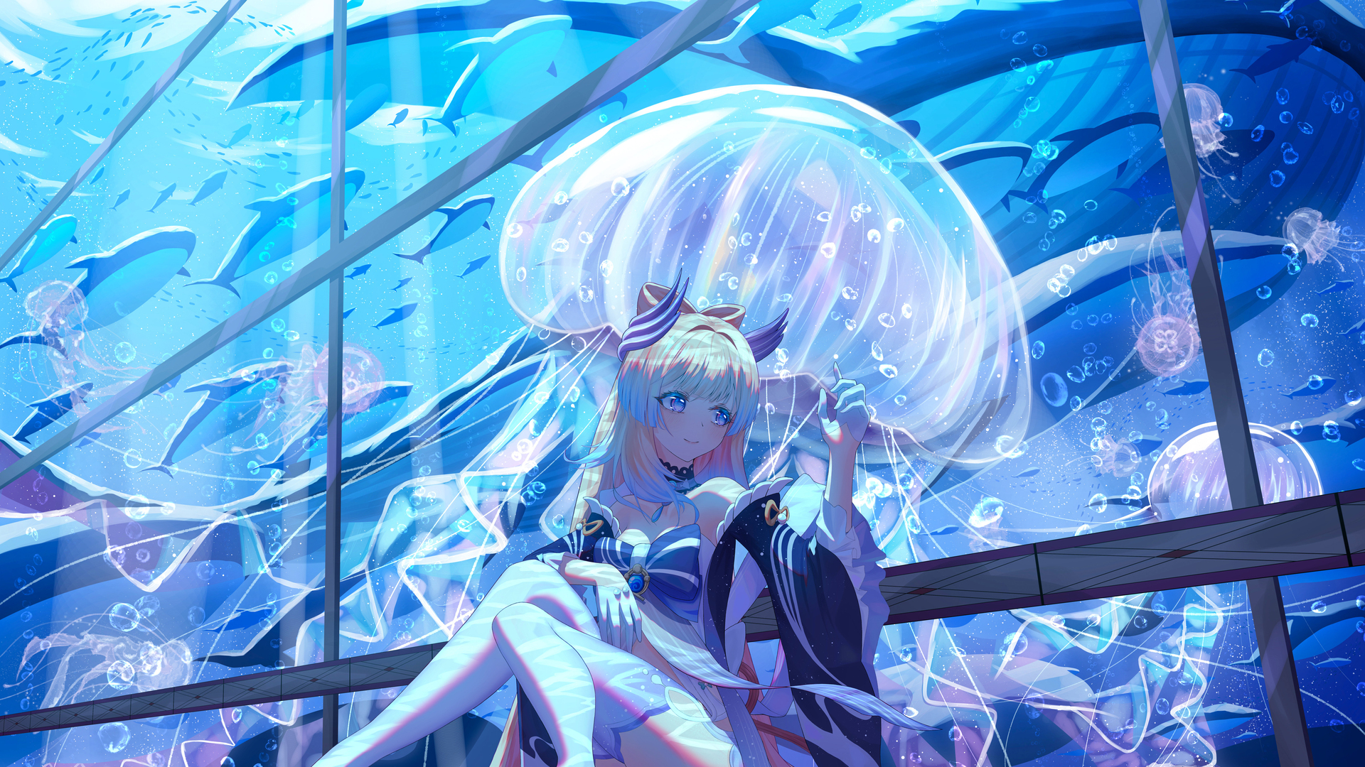 绝美双色调头发 水母 动物 鱼 水 泡泡 鲸鱼 壁纸 3840×2160