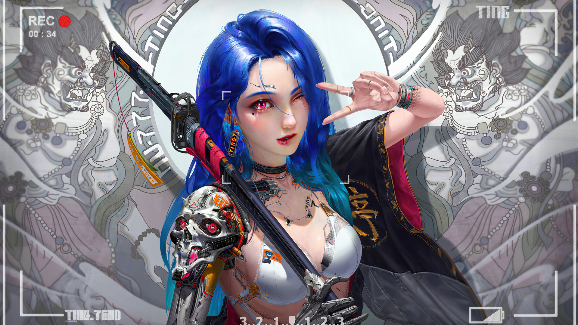 超清蓝色头发 和平手势 长发 动漫女孩 赛博朋克 武士 电脑 4K壁纸 3840×2160